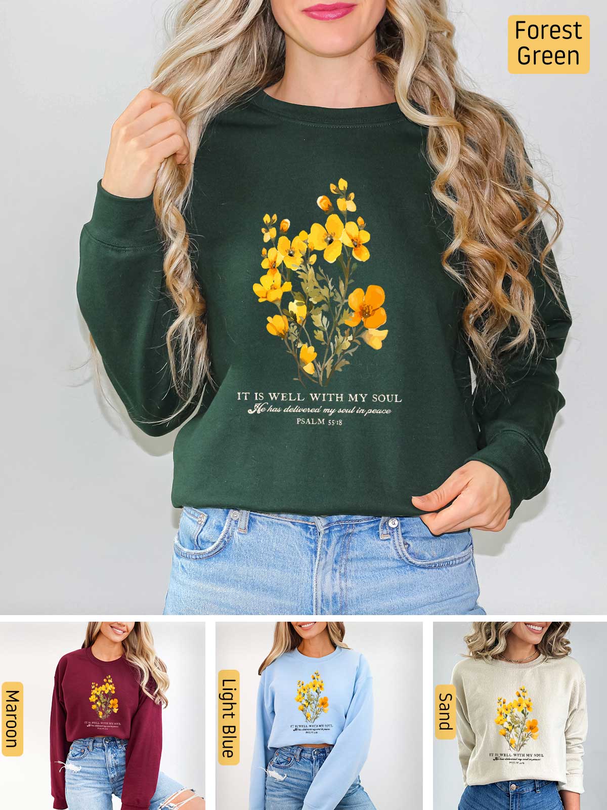 a woman wearing a green sweatshirt with yellow flowers on it