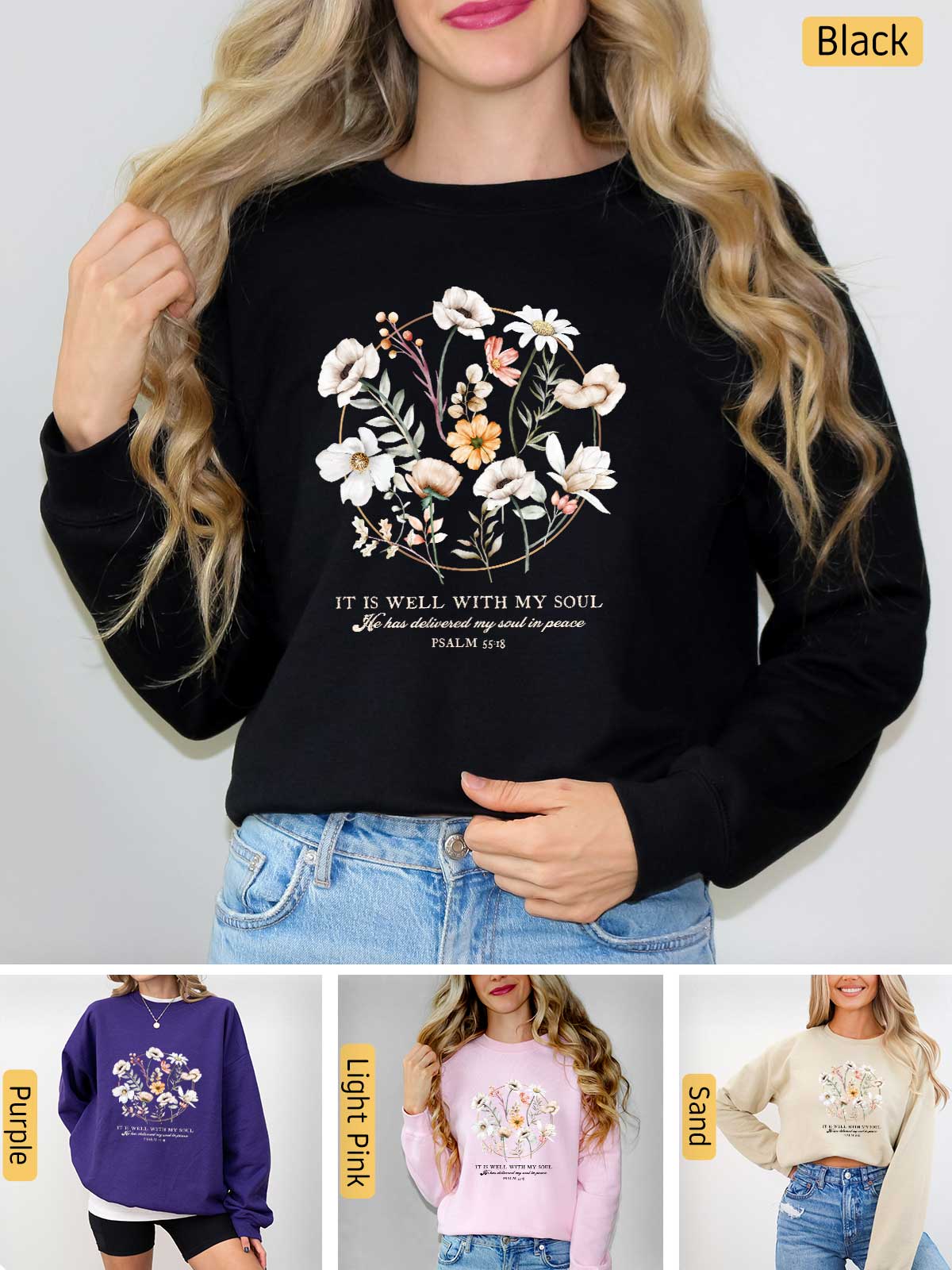 a woman wearing a sweatshirt with flowers on it