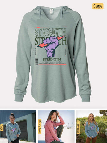 Strength, I Lift My Eyes to the Mountains - Psalm 121: 1-2 - Lightweight, Cali Wave-washed Women's Hooded Sweatshirt