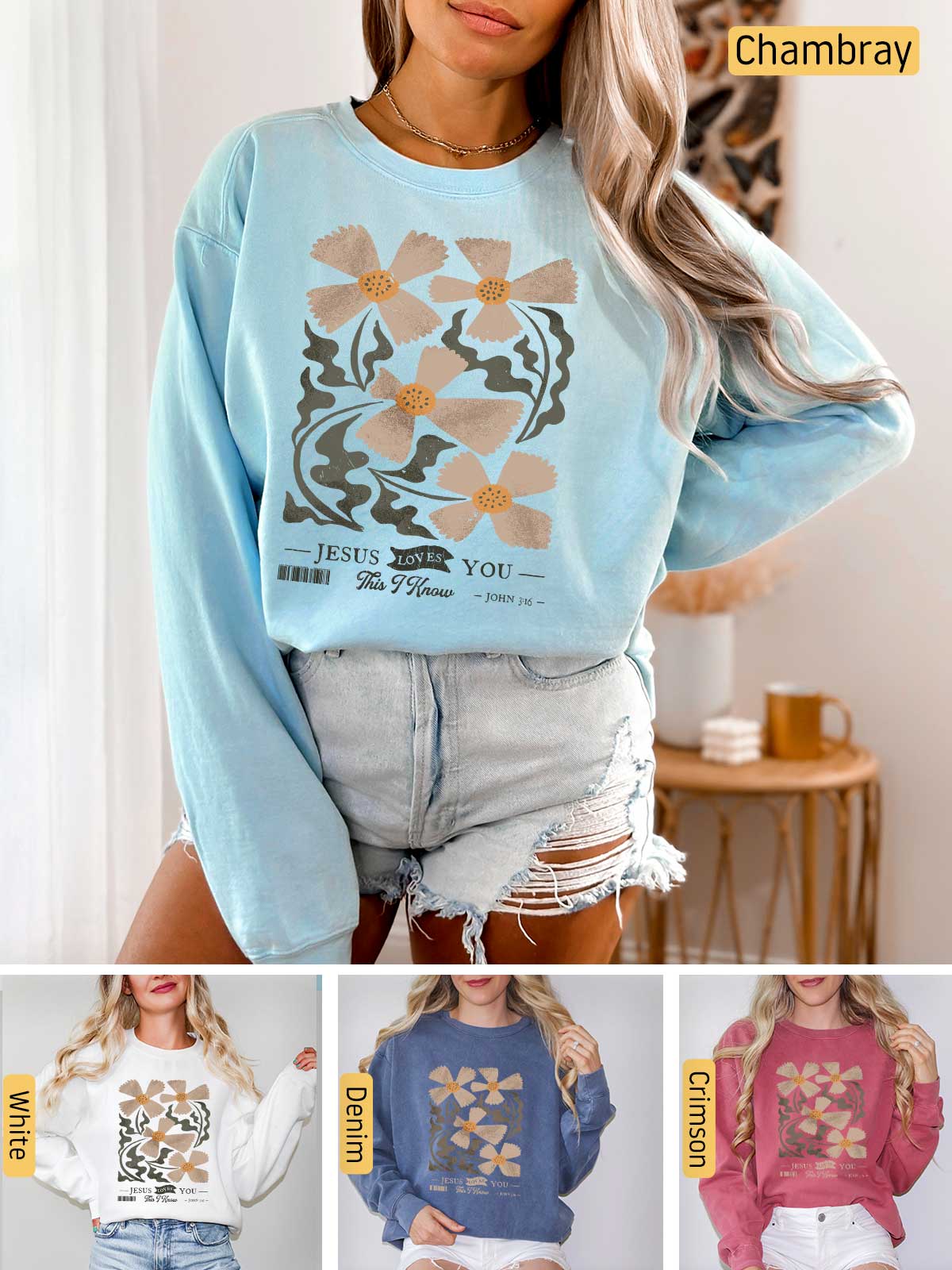 a woman wearing a sweatshirt with flowers on it