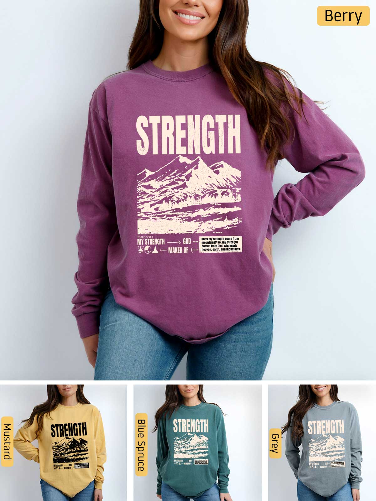 a woman wearing a sweatshirt with the words strength on it