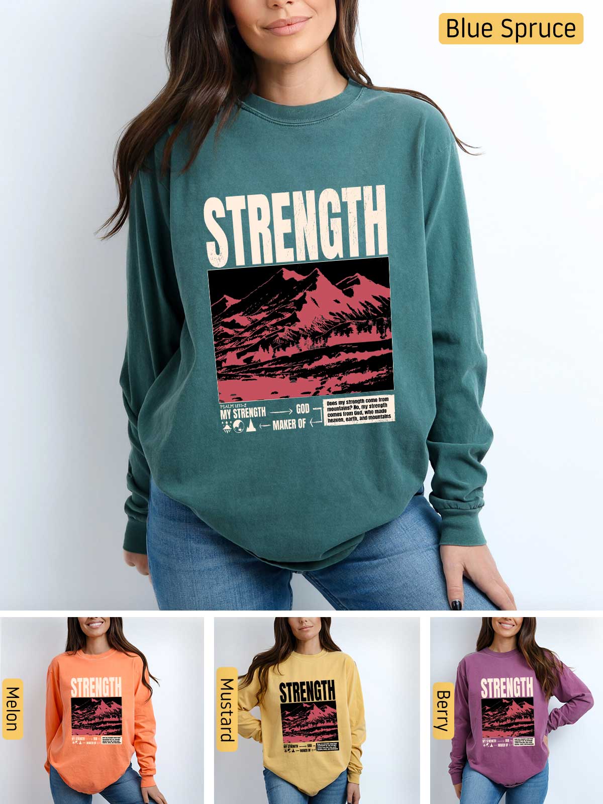 a woman wearing a sweatshirt with the words strength on it