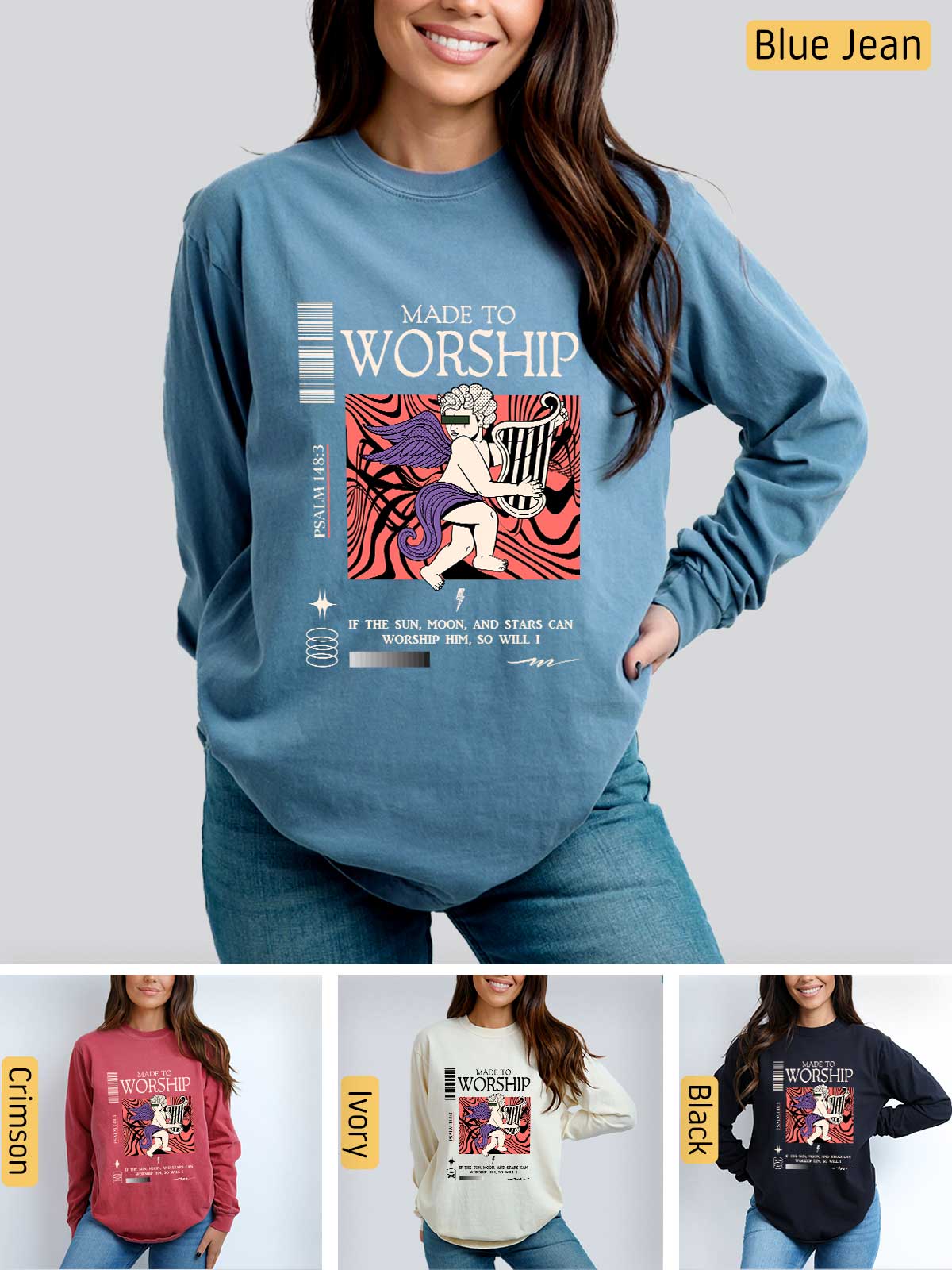 a woman wearing a blue sweatshirt with the words make to worship on it