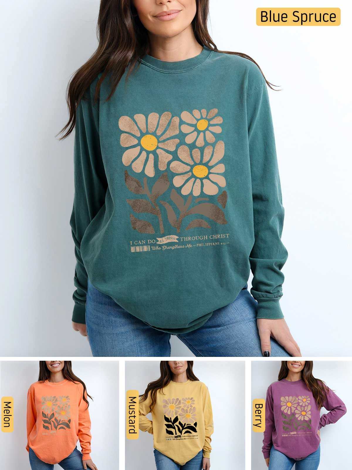 a woman wearing a sweatshirt with flowers on it