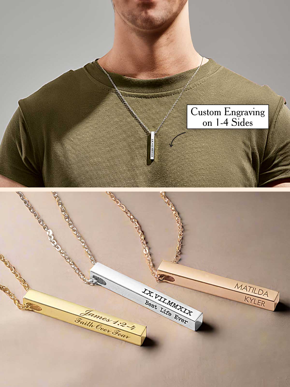 a man wearing a necklace that says custom engraving on it