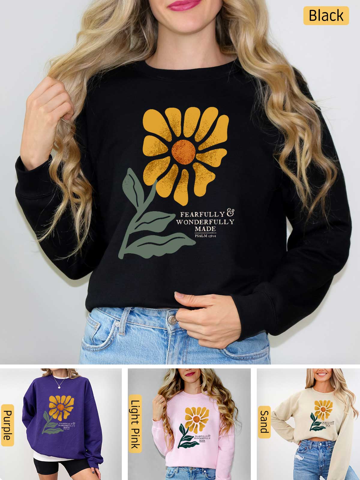 a woman wearing a black sweatshirt with a yellow flower on it