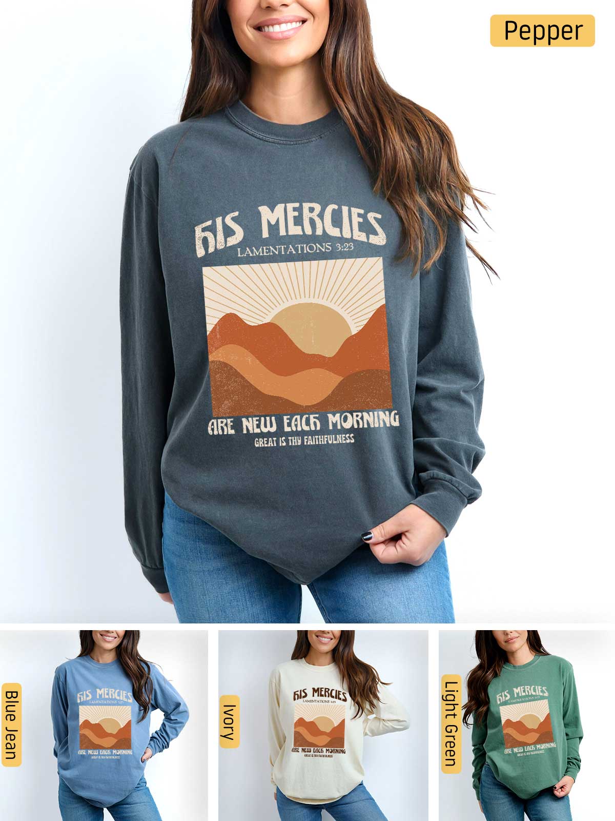 a woman wearing a sweatshirt with a mountain scene on it