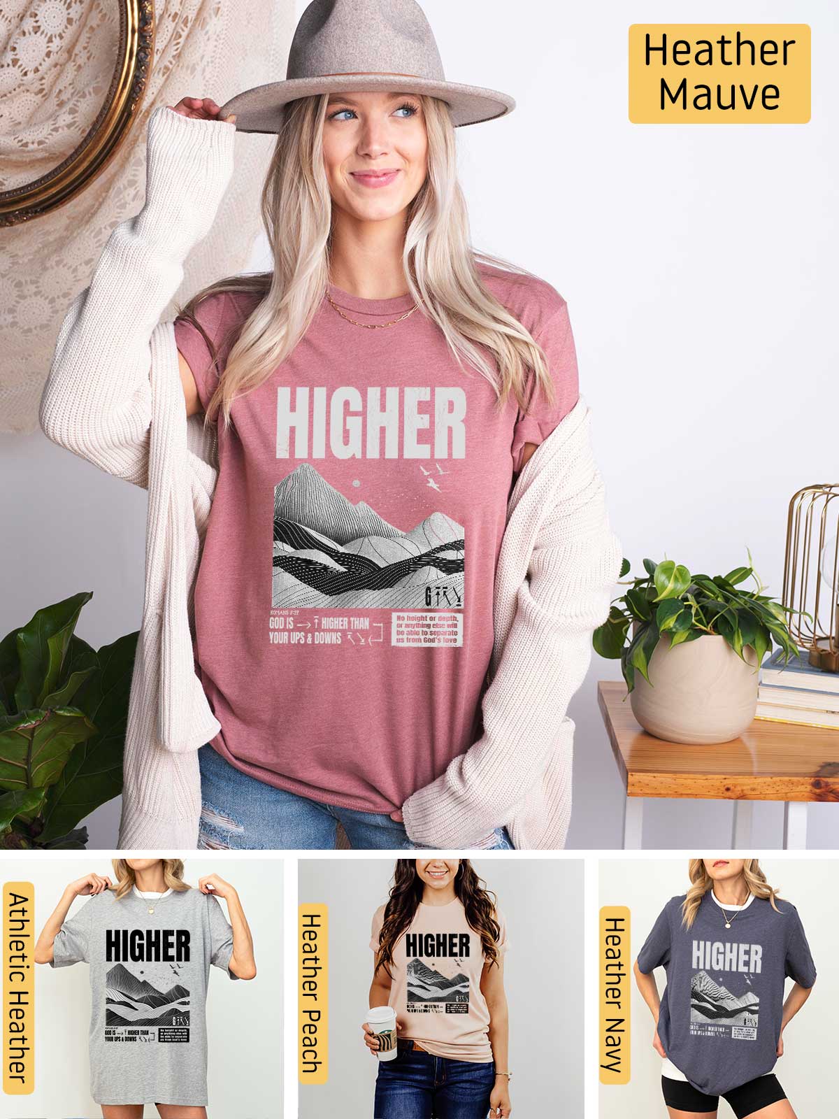 a woman wearing a t - shirt with the words higher on it