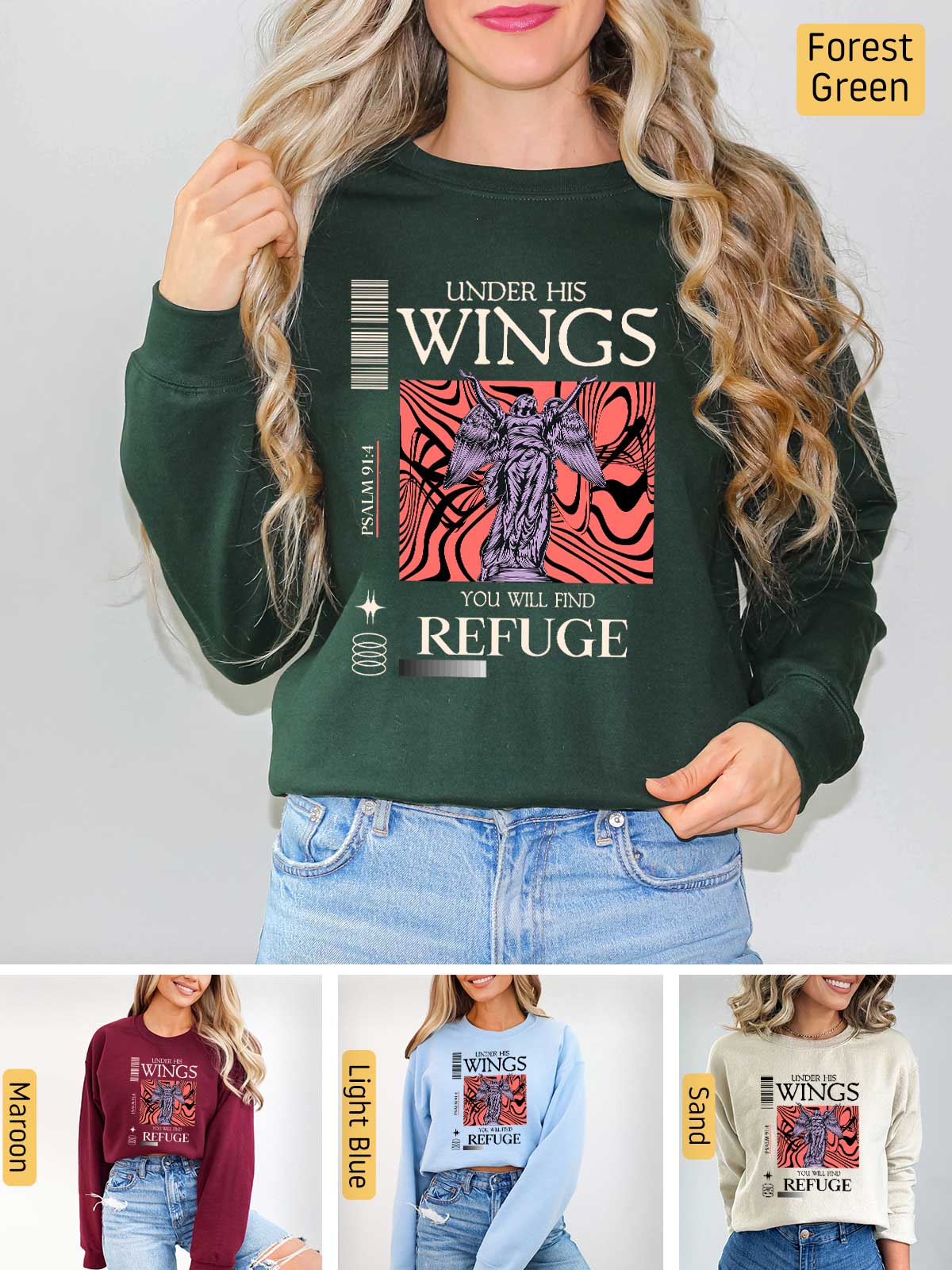 a woman wearing a sweatshirt with the words wings on it