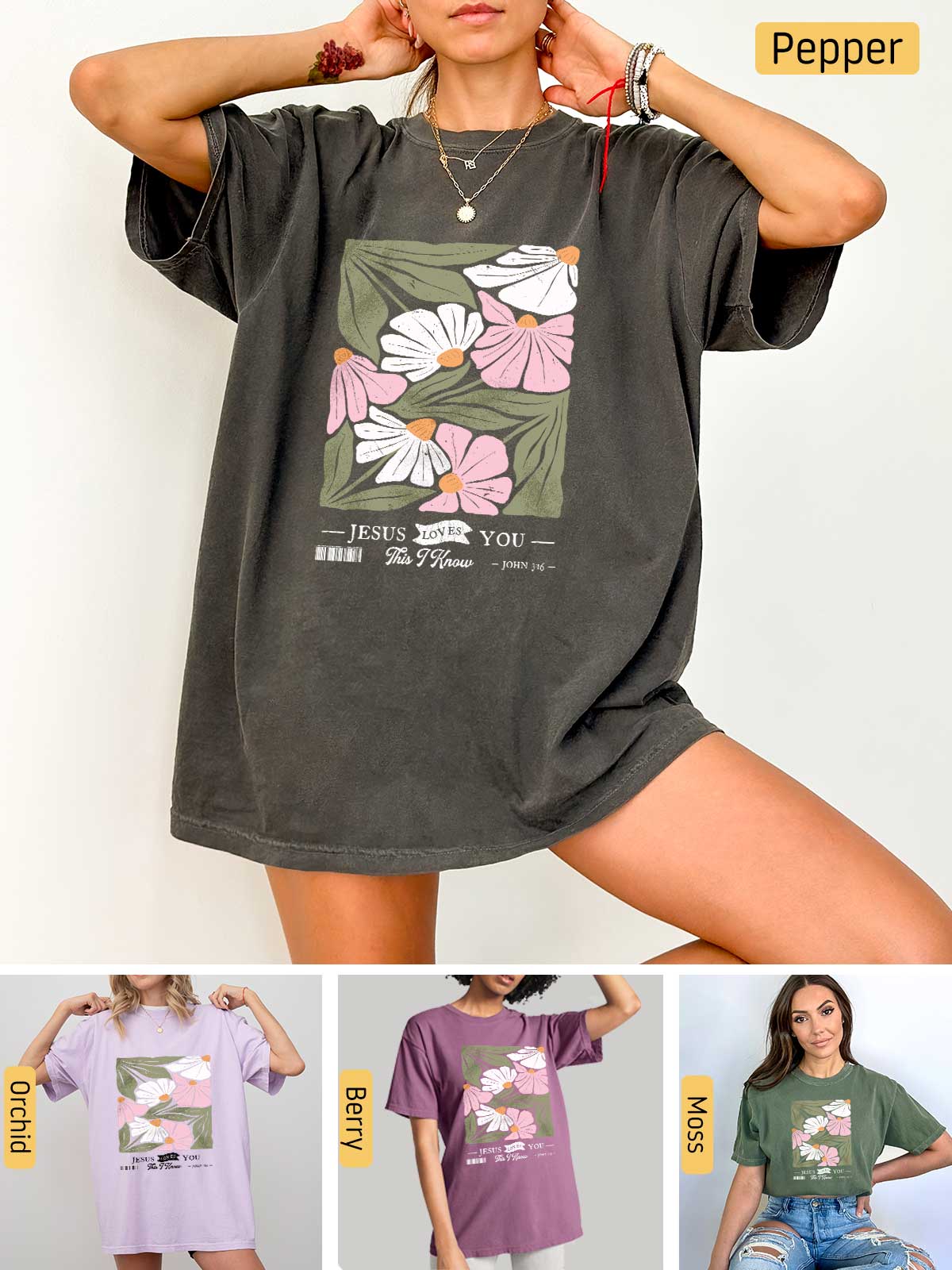 a woman wearing a t - shirt with flowers on it