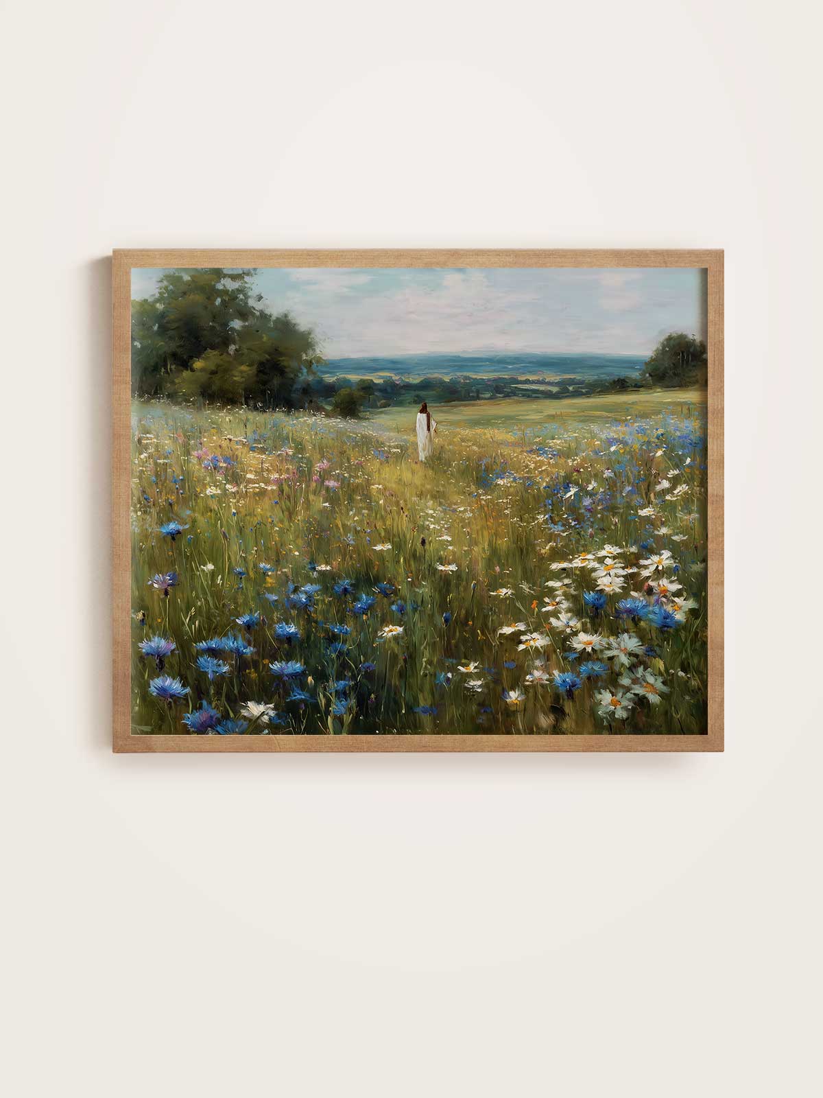The image is a framed painting depicting a serene landscape with a person walking through a field of wildflowers.