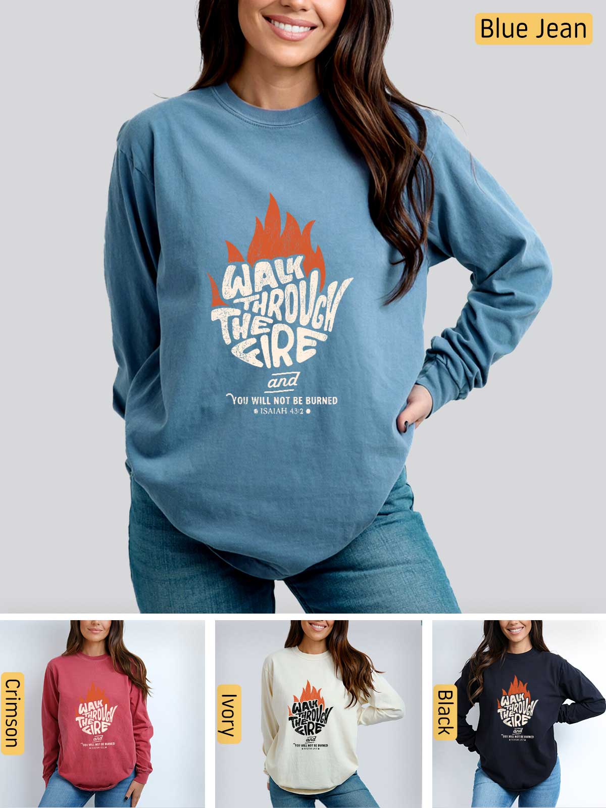 a woman wearing a blue sweatshirt with the words wake through the fire on it