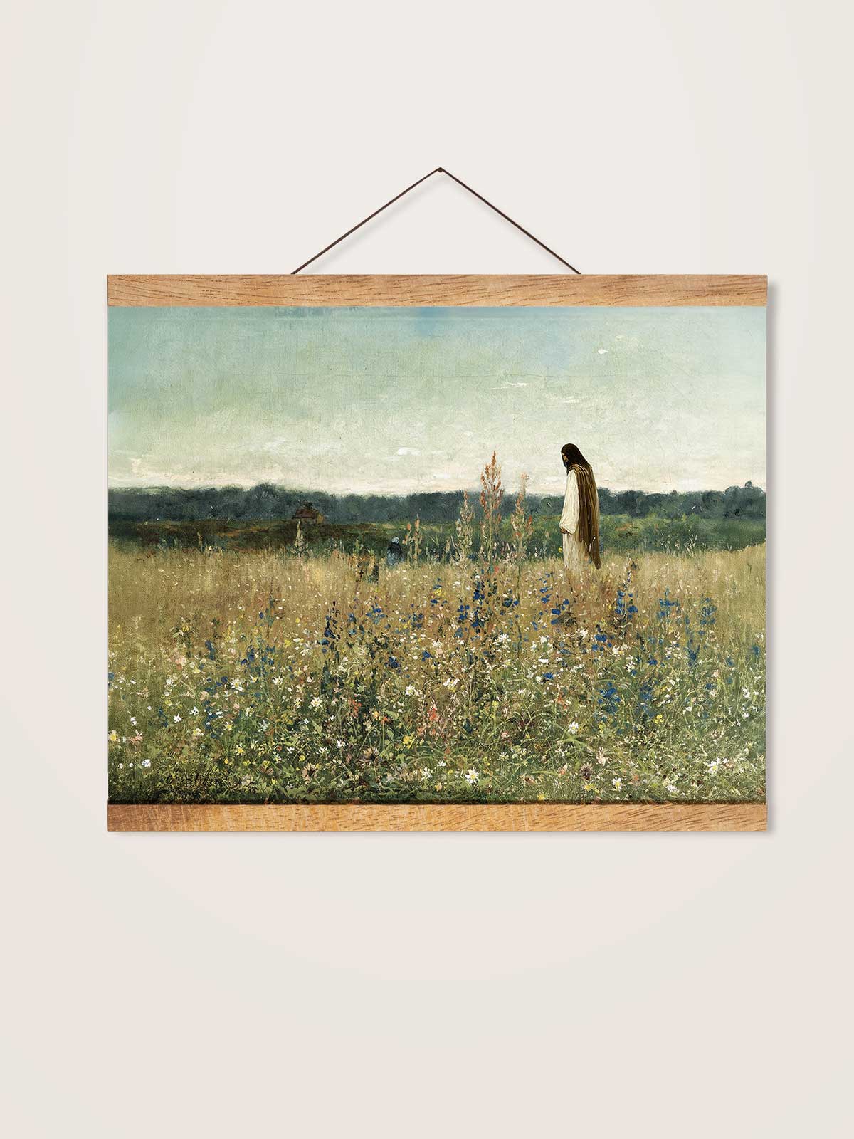 The image is a painting depicting a person standing in a field of flowers, with a serene and peaceful atmosphere.