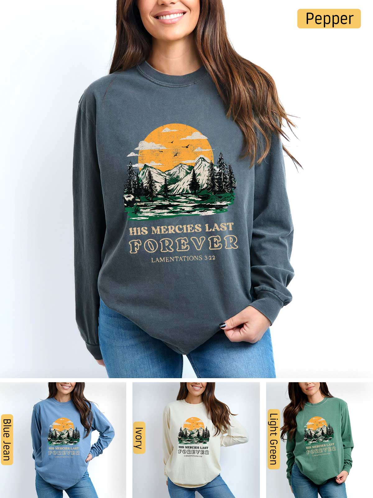 a woman wearing a sweatshirt with a mountain scene on it