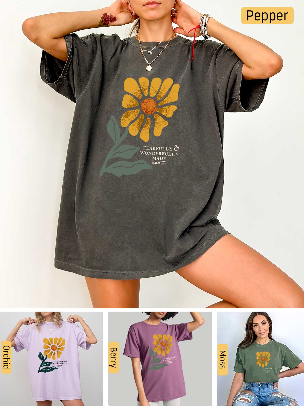 a woman wearing a t - shirt with a flower on it