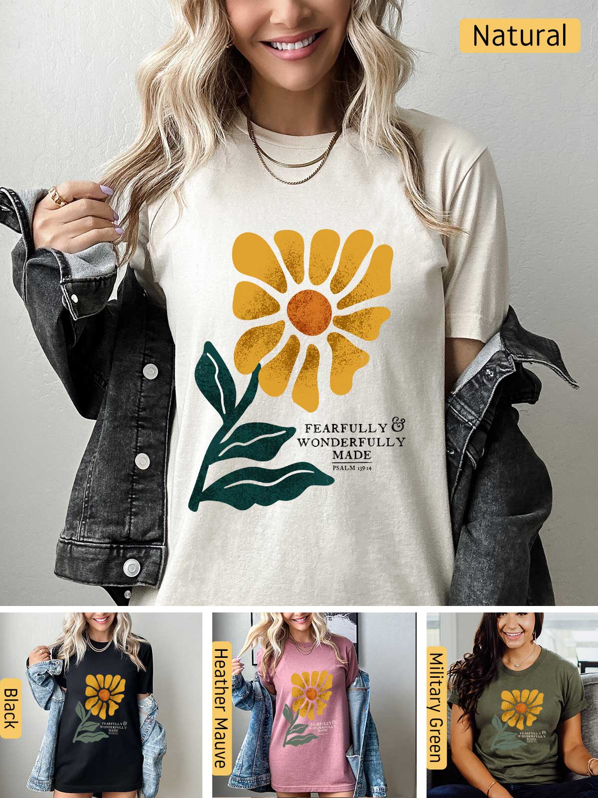 a woman wearing a t - shirt with a flower on it