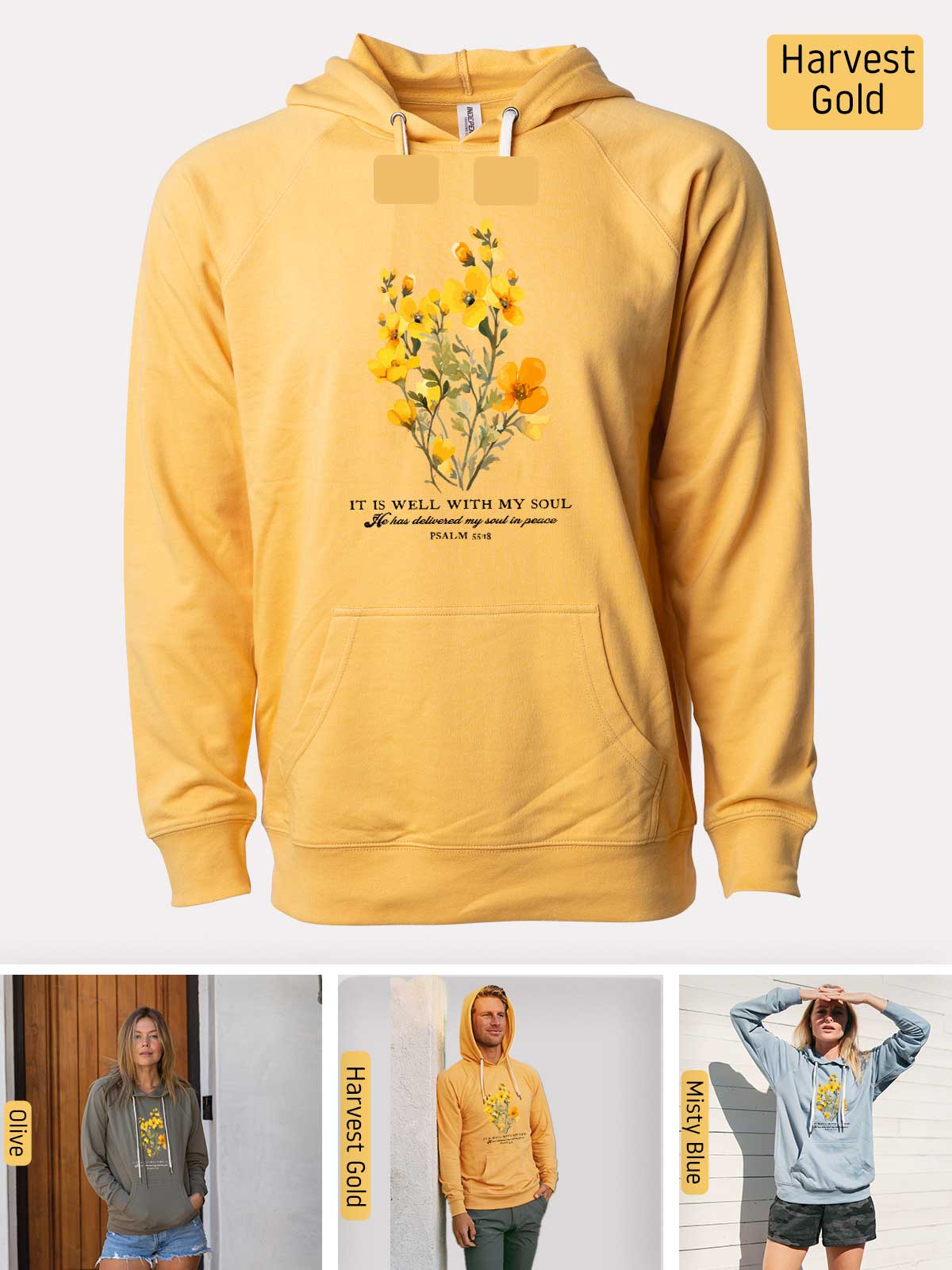 a woman wearing a yellow hoodie with flowers on it