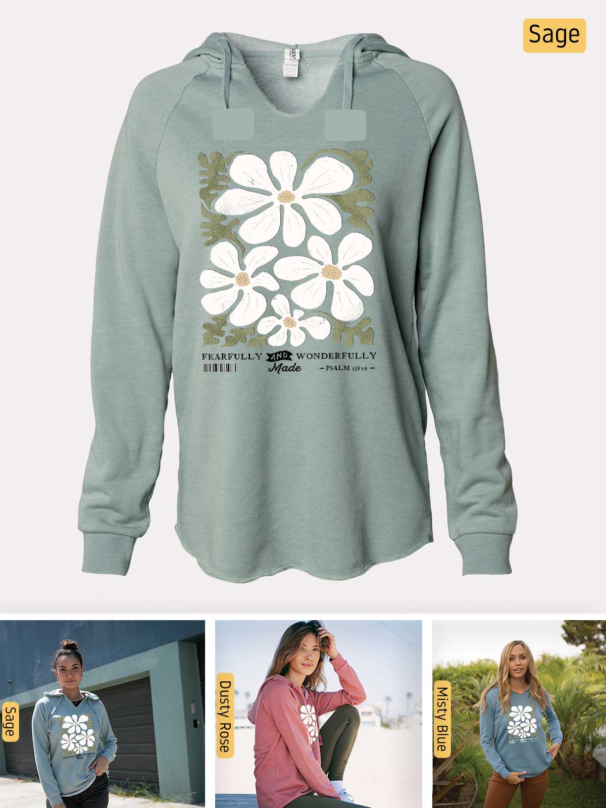 a woman wearing a sweatshirt with a flower on it