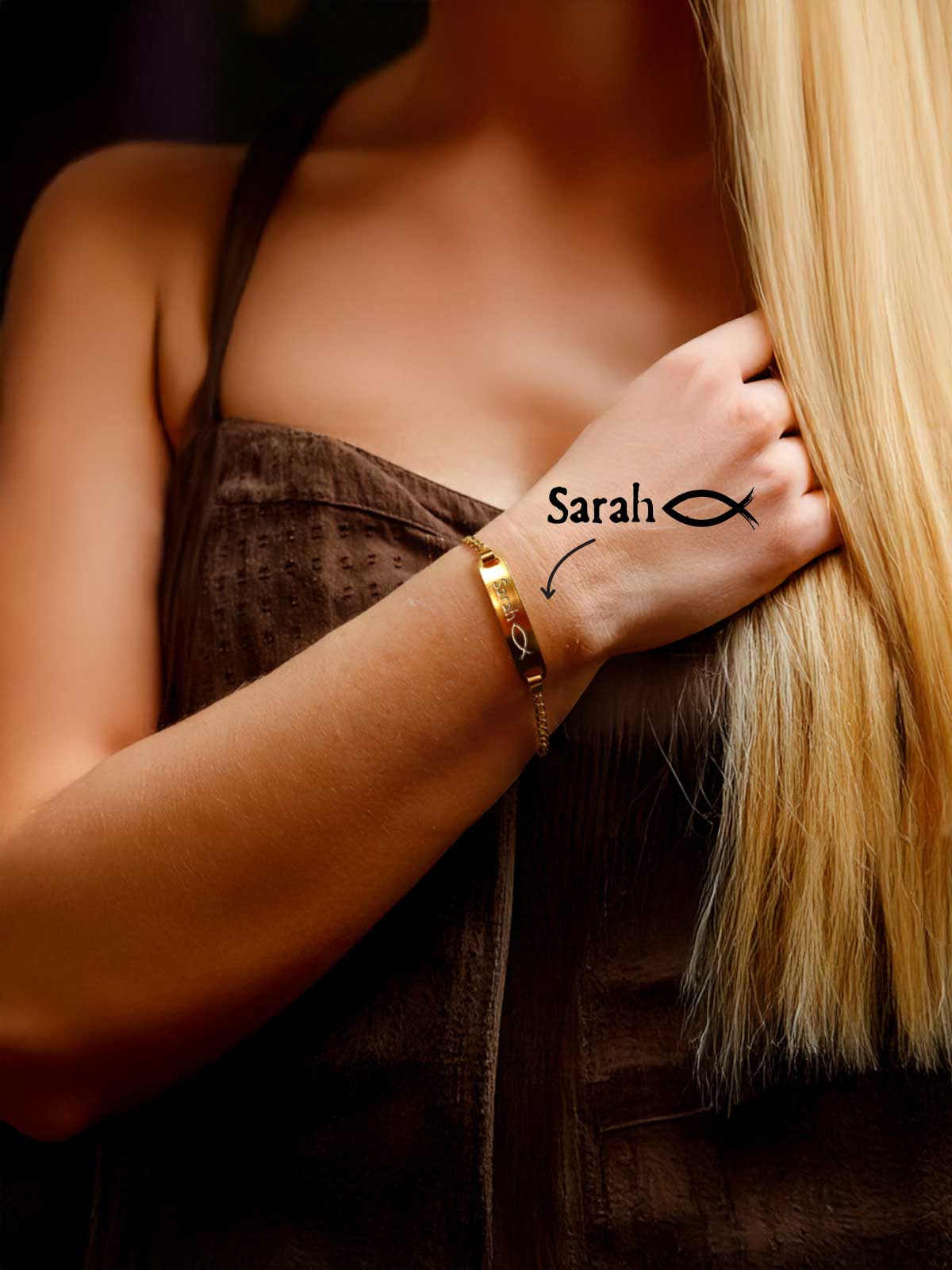 a close up of a woman with a bracelet on her wrist