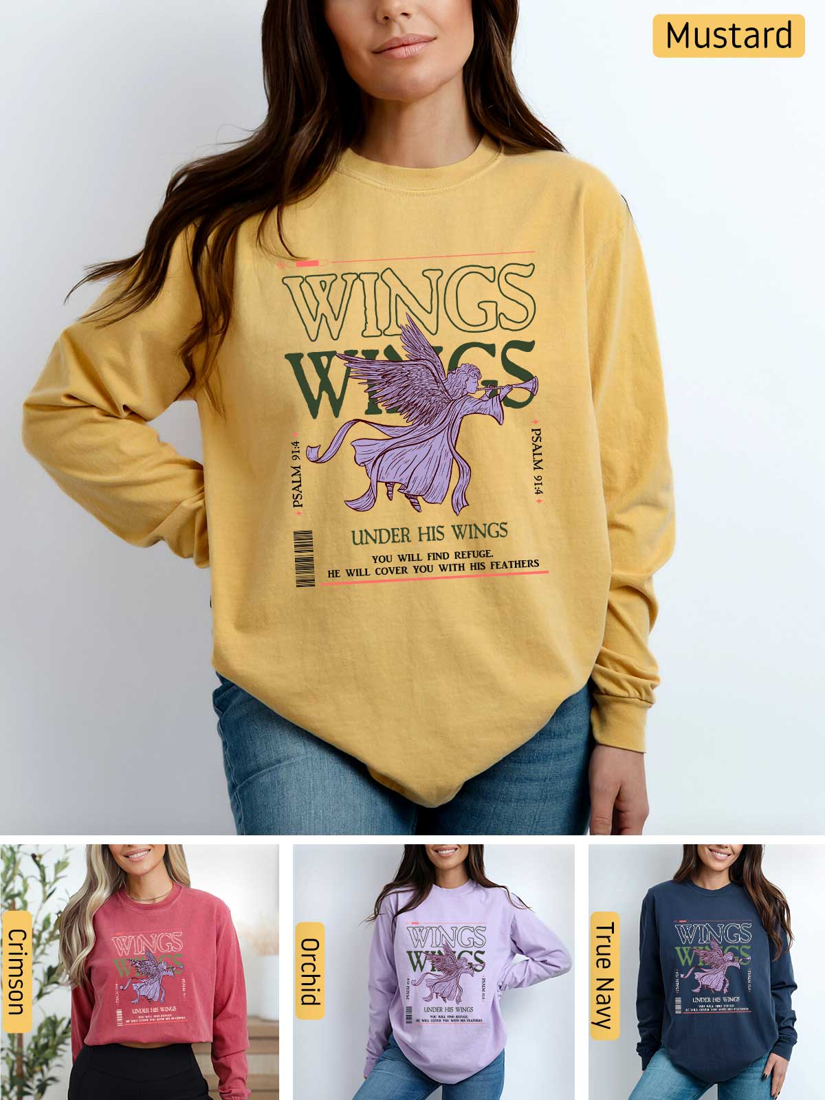 a woman wearing a sweatshirt with wings on it