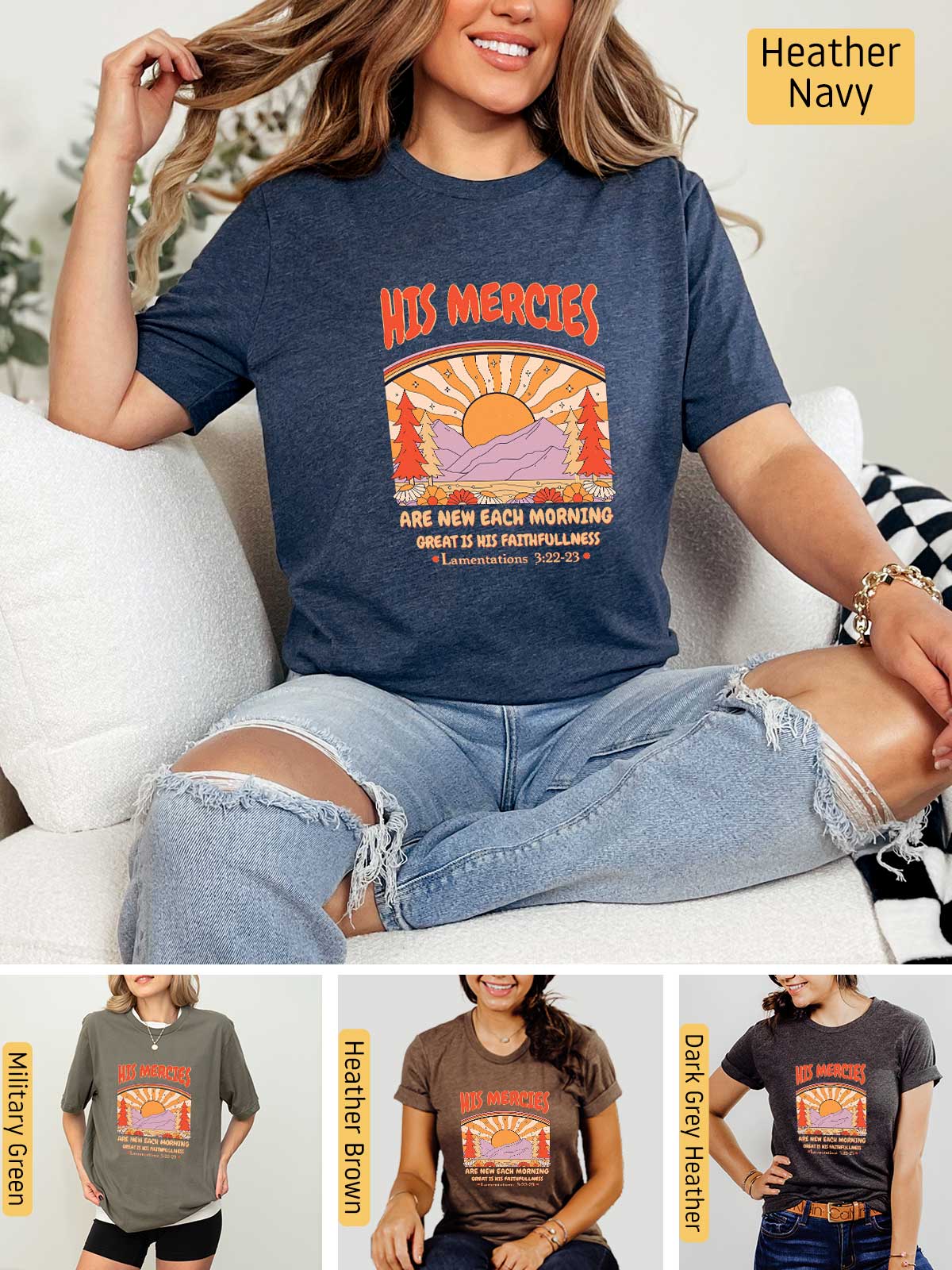 a woman sitting on a couch wearing a t - shirt