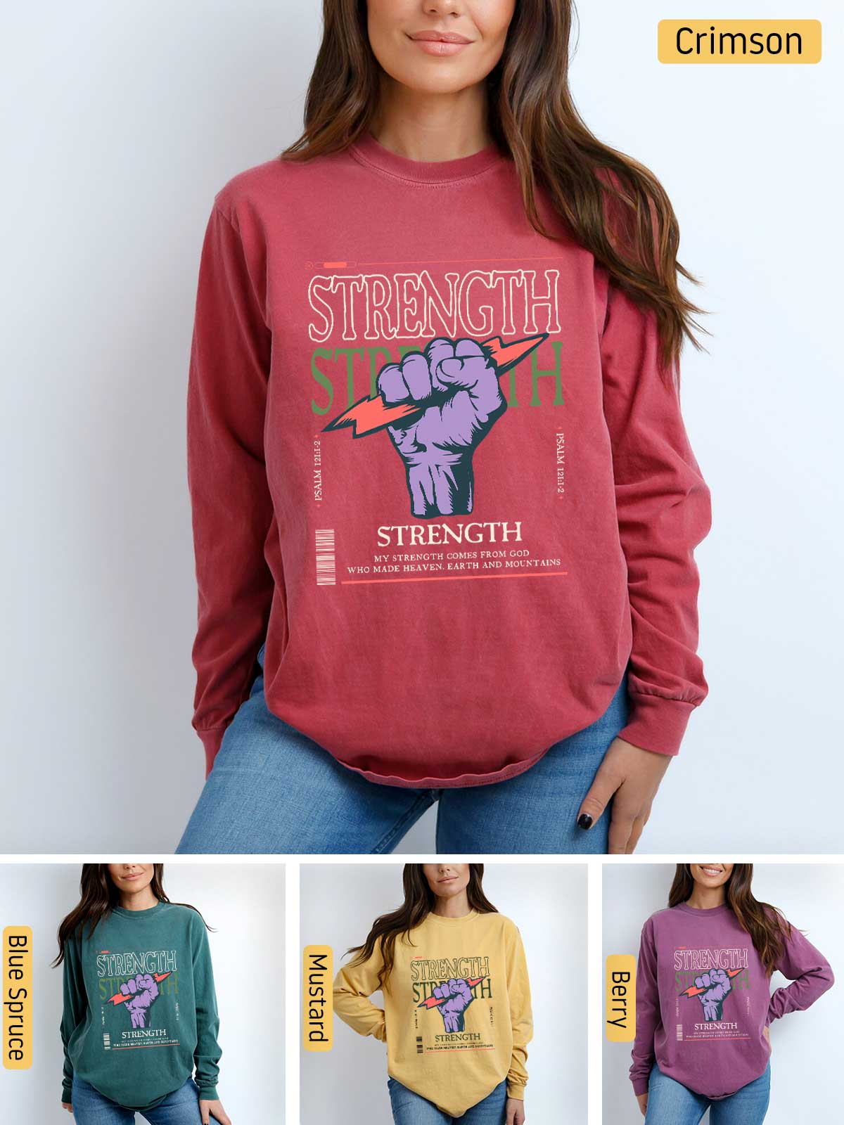 a woman wearing a sweatshirt with the words strength on it