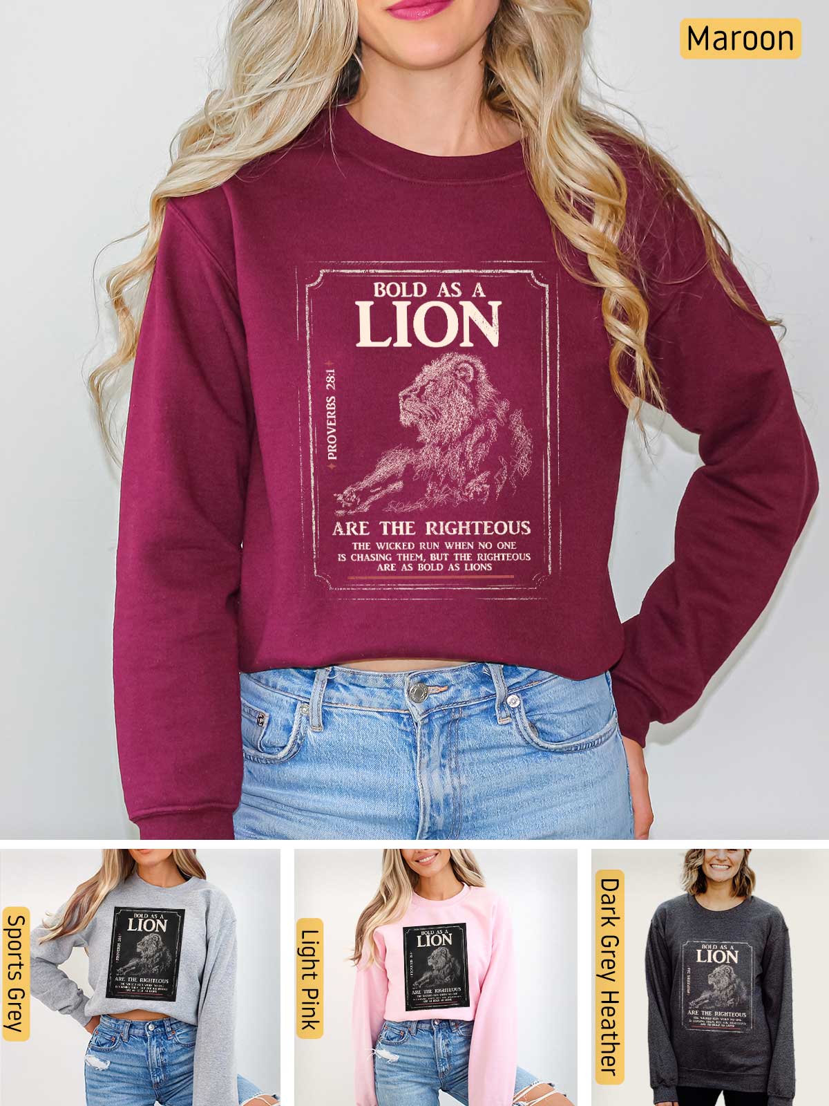 a woman wearing a sweatshirt with a lion on it