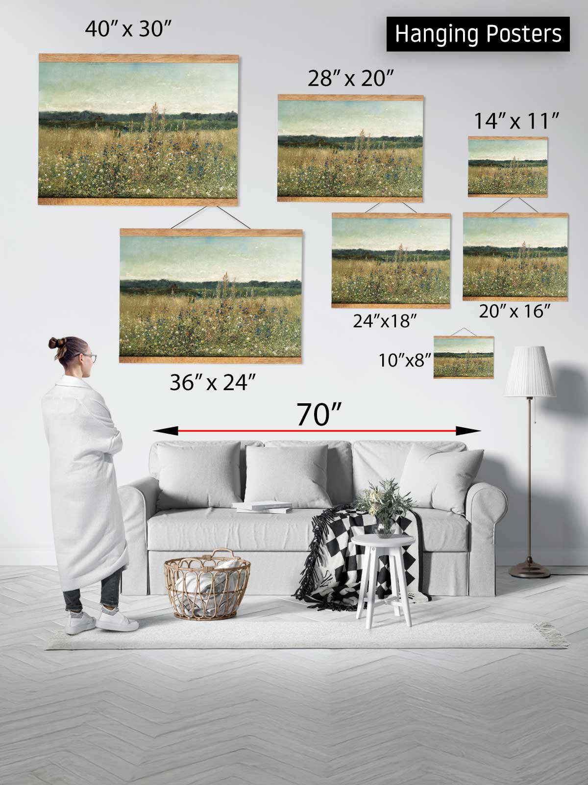 The image is a collage of various hanging posters of landscapes, including a pastoral scene and a field of flowers. The posters are of different sizes and dimensions, ranging from 40" x 30" to 70" x 24" and 14" x 11" to 20" x 16". A person is standing in front of the collage, likely admiring the artwork.