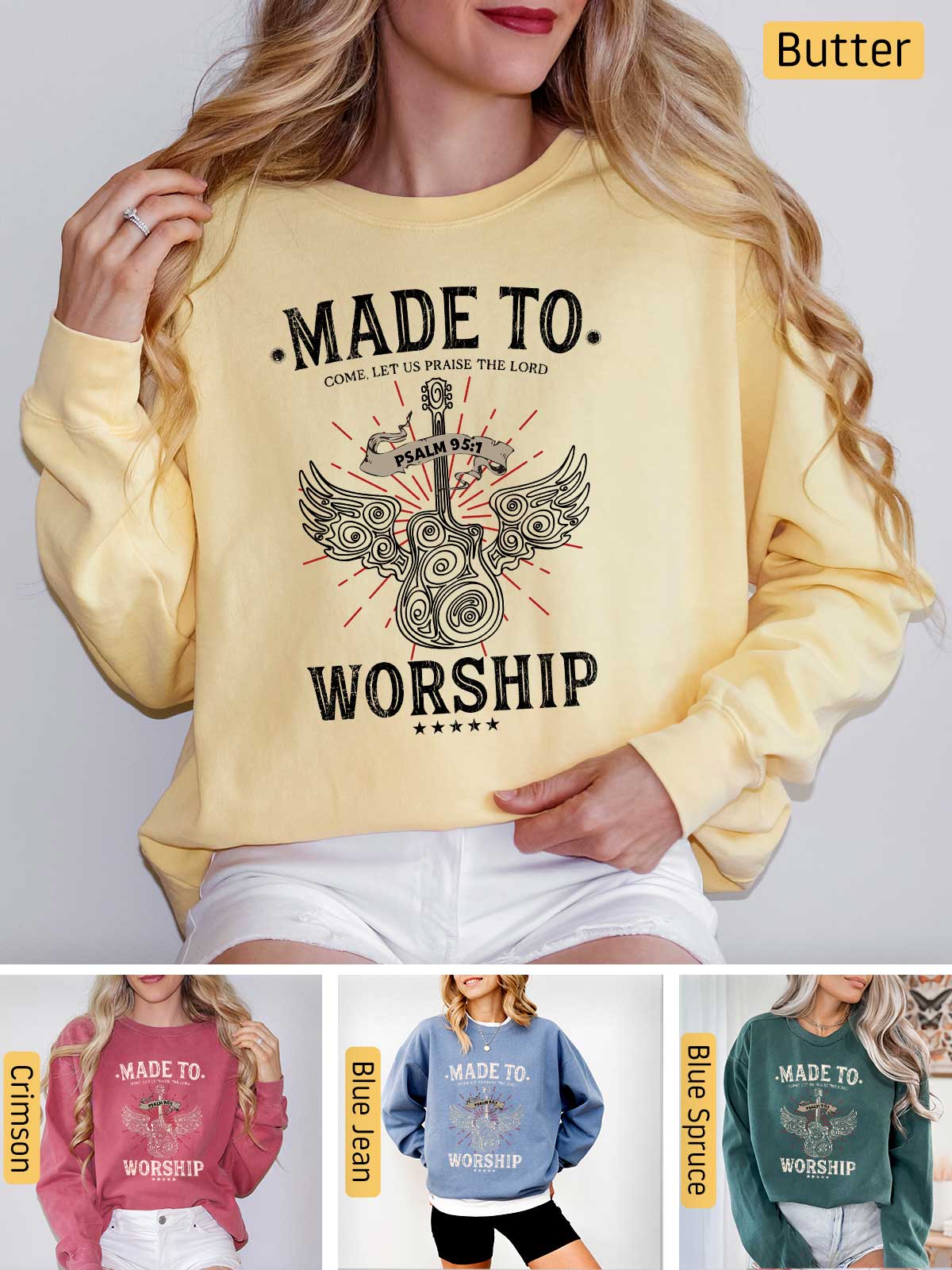 a woman wearing a sweatshirt that says made to worship