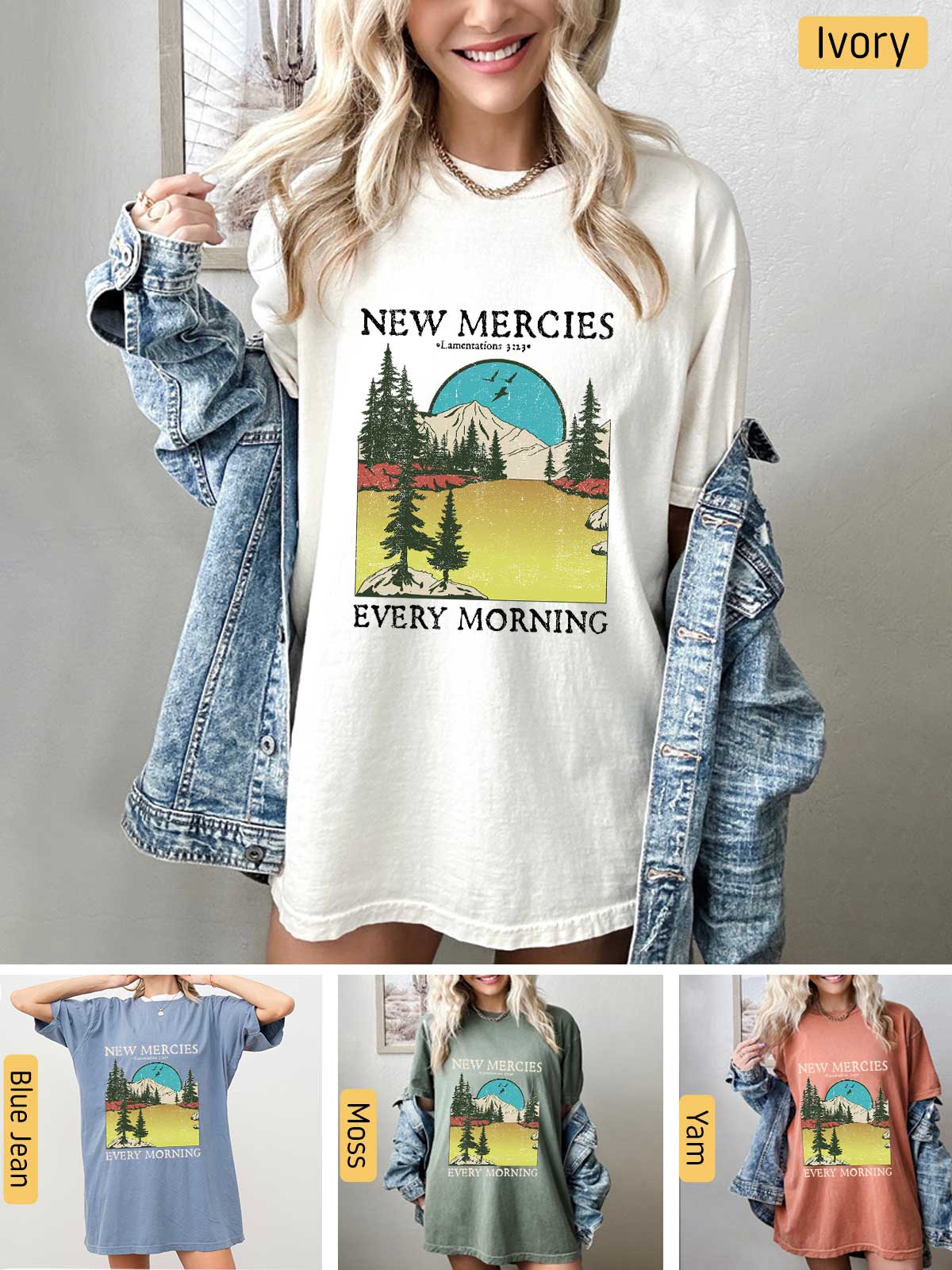 a woman wearing a new mercies every morning shirt