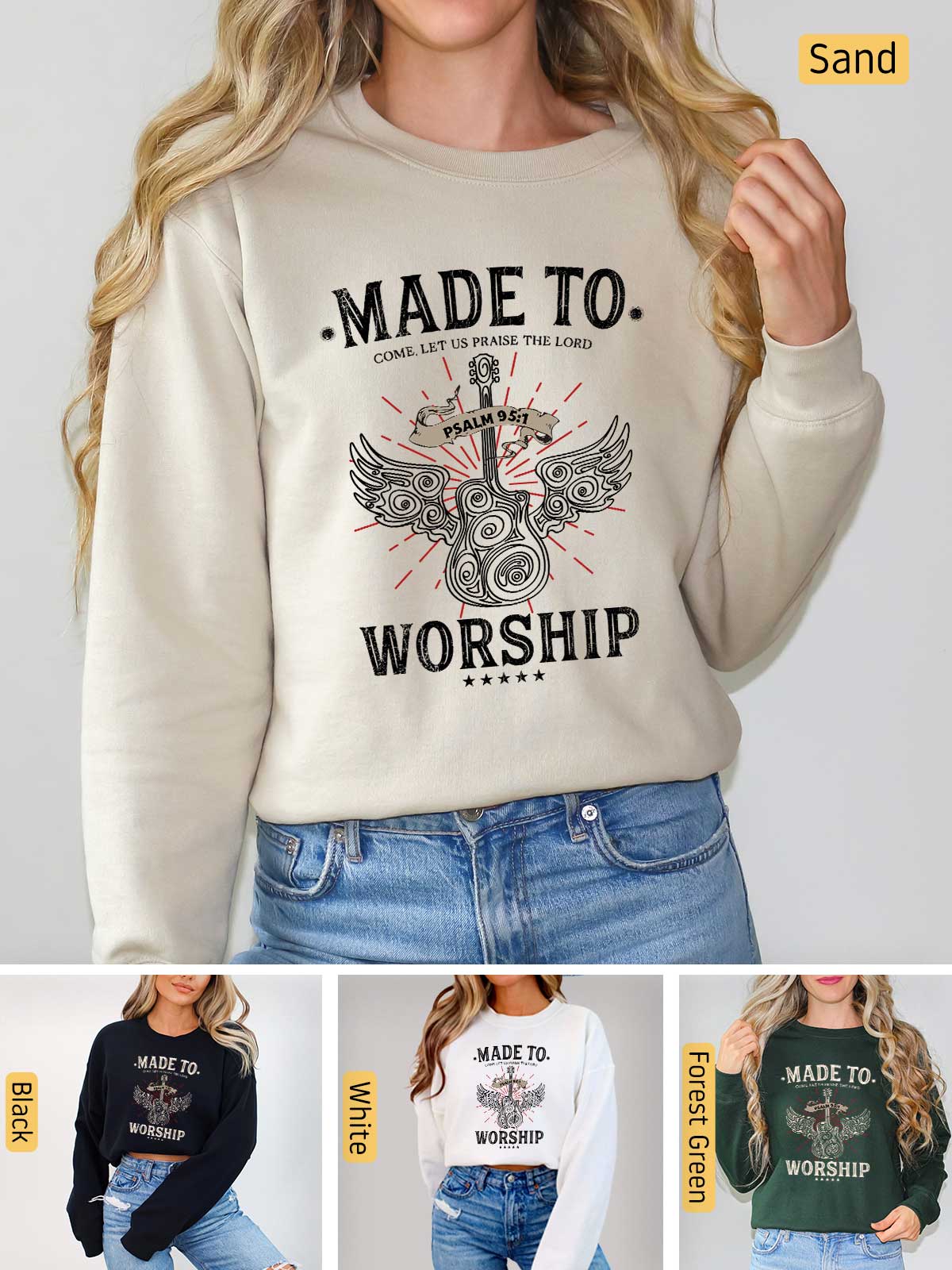 a woman wearing a sweatshirt that says made to worship