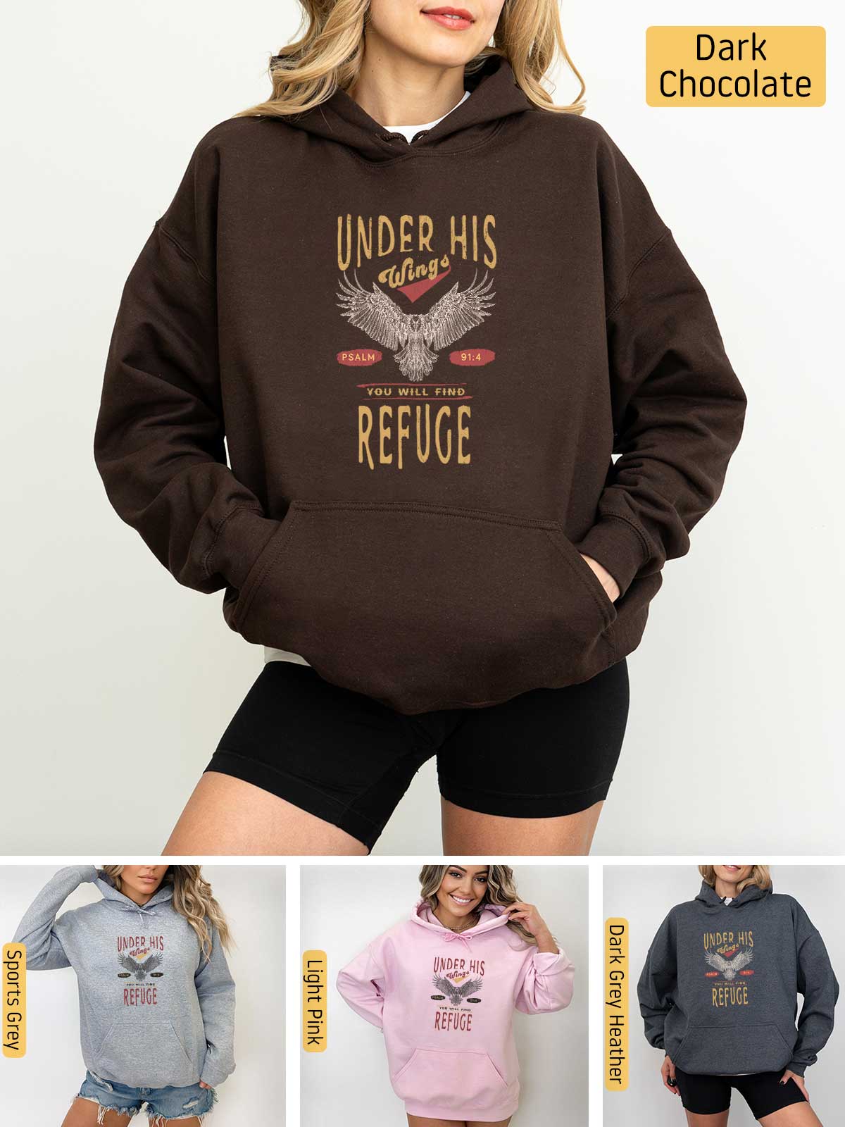 a woman wearing a hoodie that says under his refuge