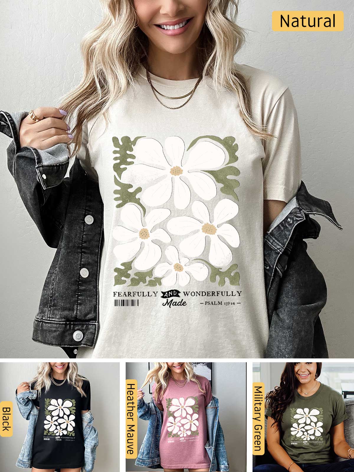 a woman wearing a t - shirt with flowers on it