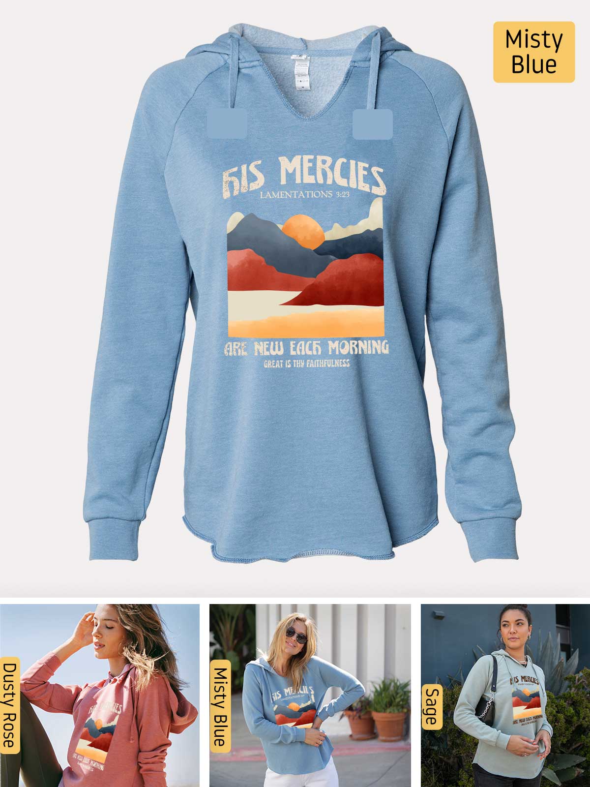 a blue sweatshirt with a picture of a woman wearing a blue sweatshirt