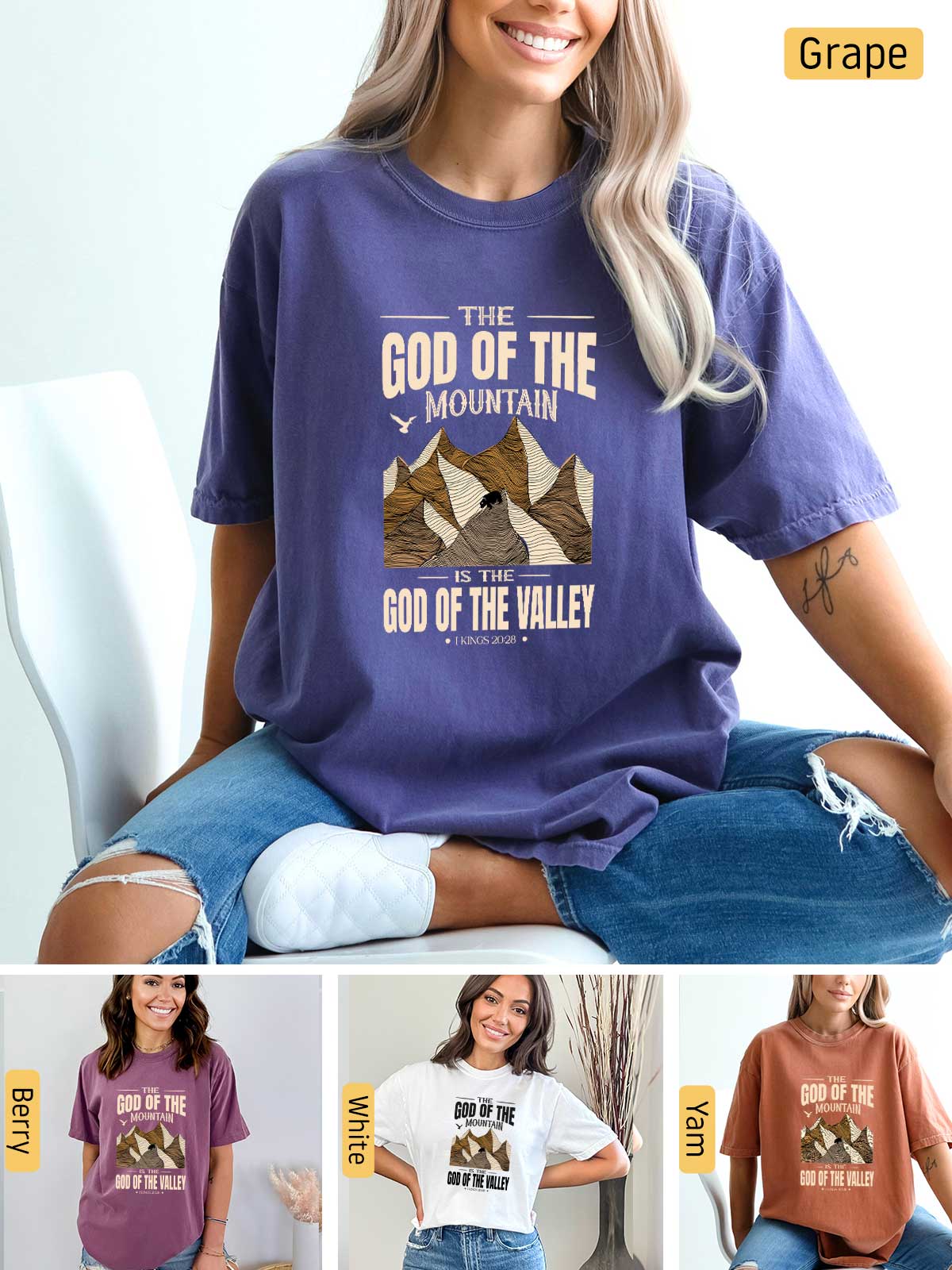 a woman wearing a t - shirt that says the god of the mountains