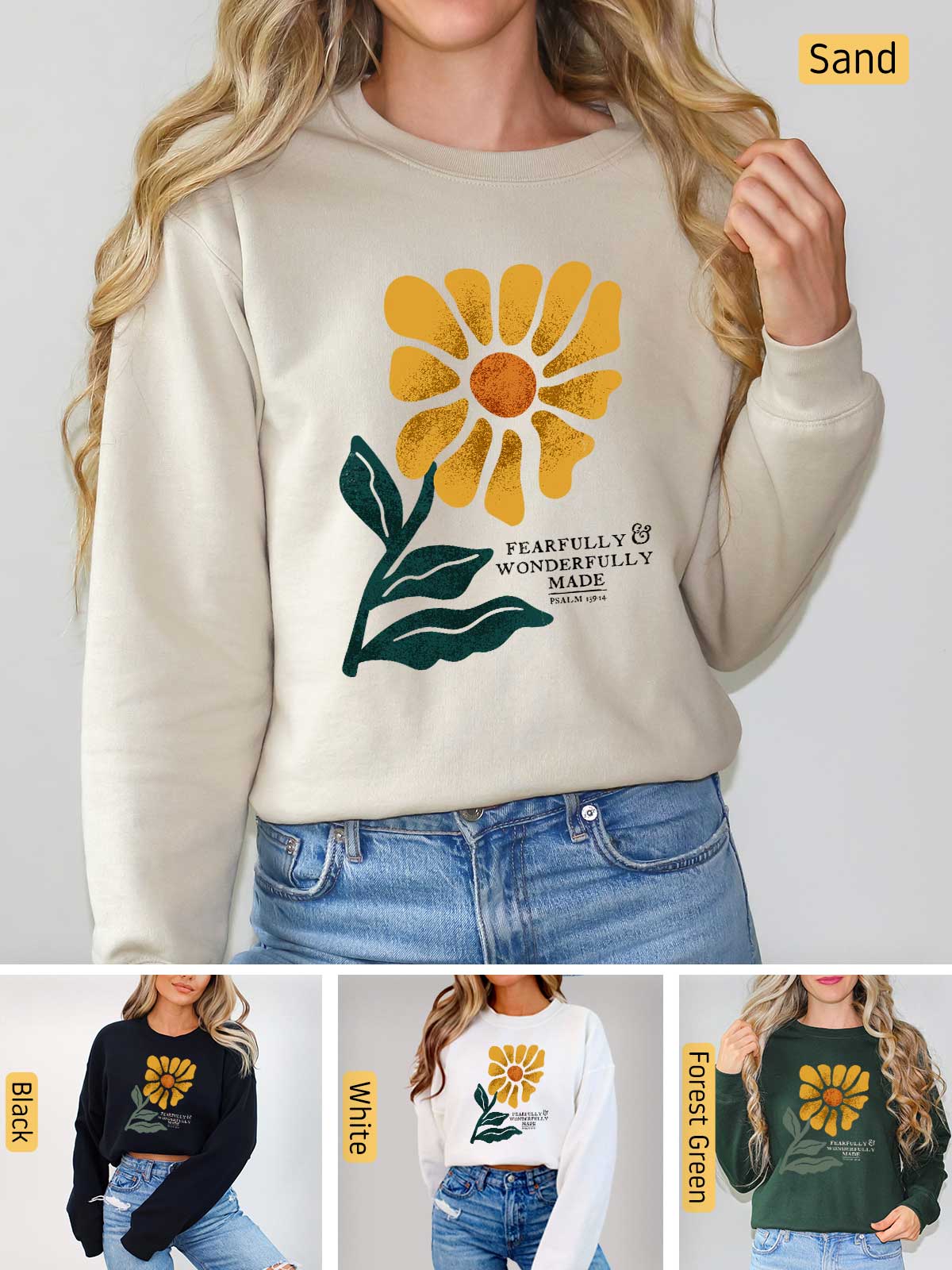 a woman wearing a sweatshirt with a flower on it