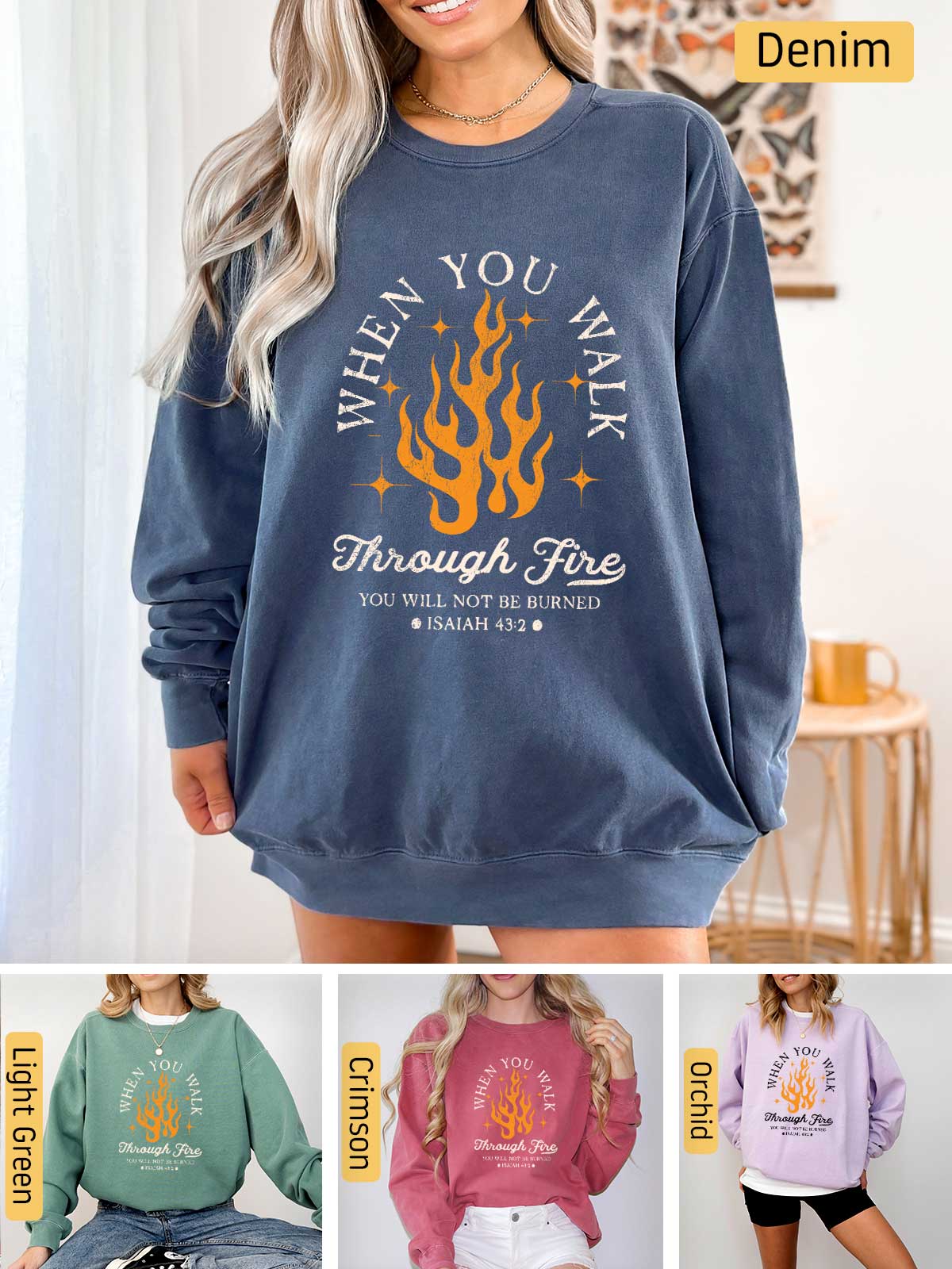 a woman wearing a sweatshirt that says when you think through fire, you will not