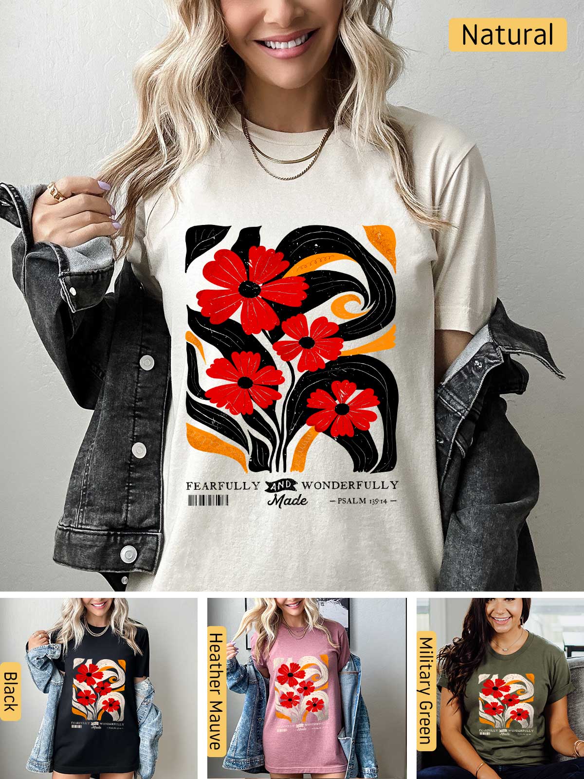 a woman wearing a t - shirt with flowers on it