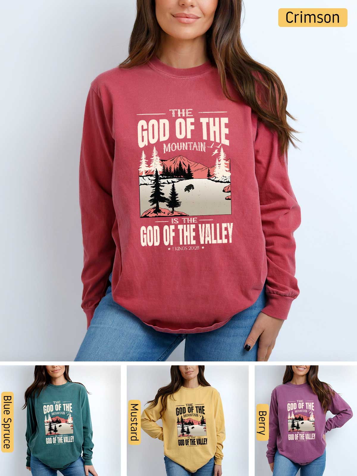 a woman wearing a sweatshirt with the words god of the mountains on it