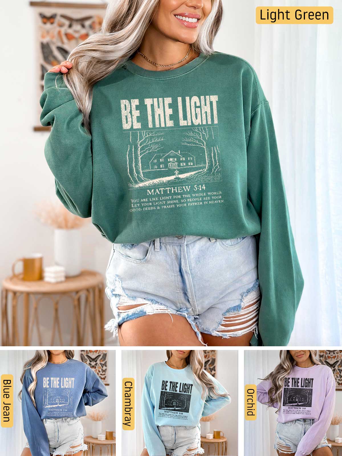 a woman wearing a green sweatshirt with the words be the light on it