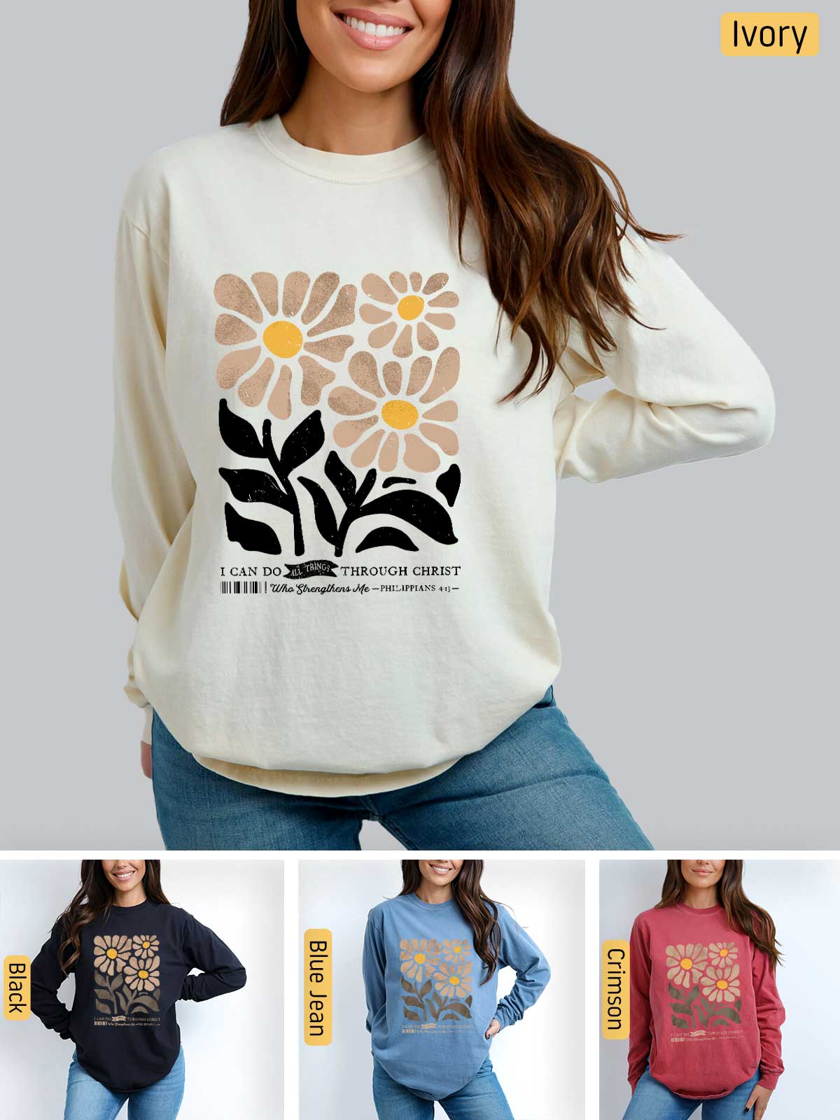 a woman wearing a sweatshirt with flowers on it