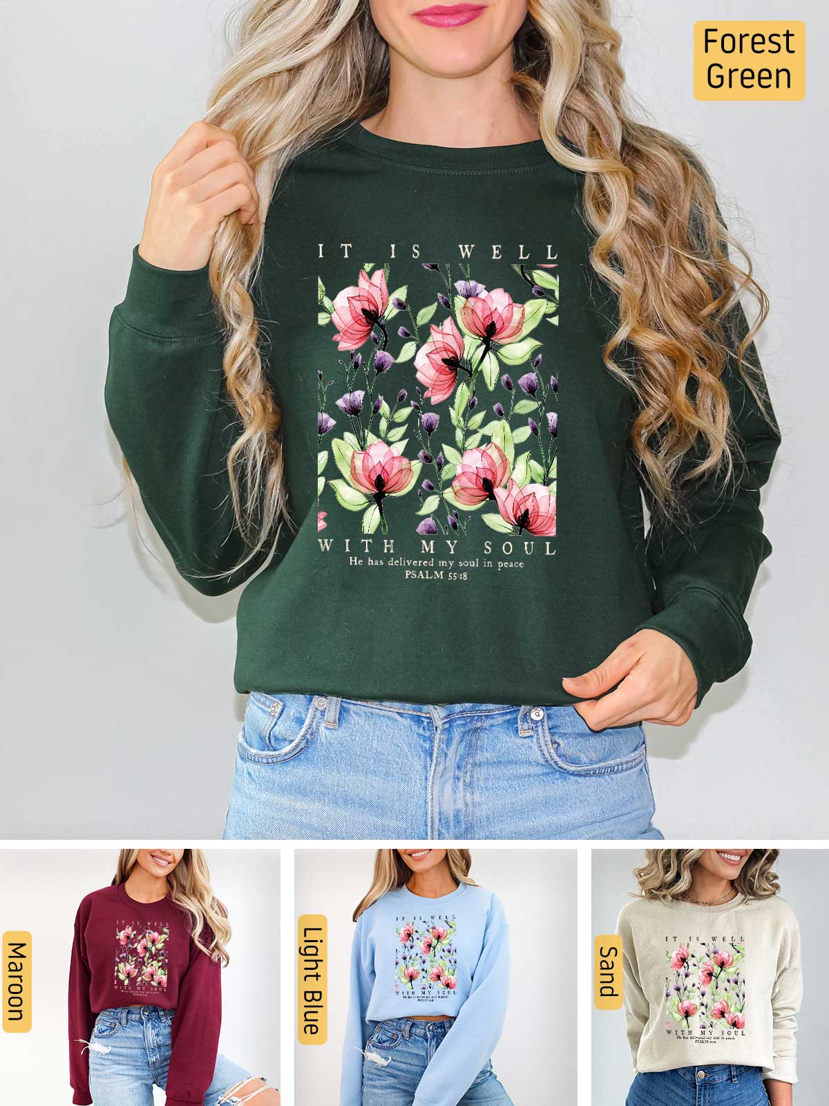 a woman wearing a sweatshirt with flowers on it