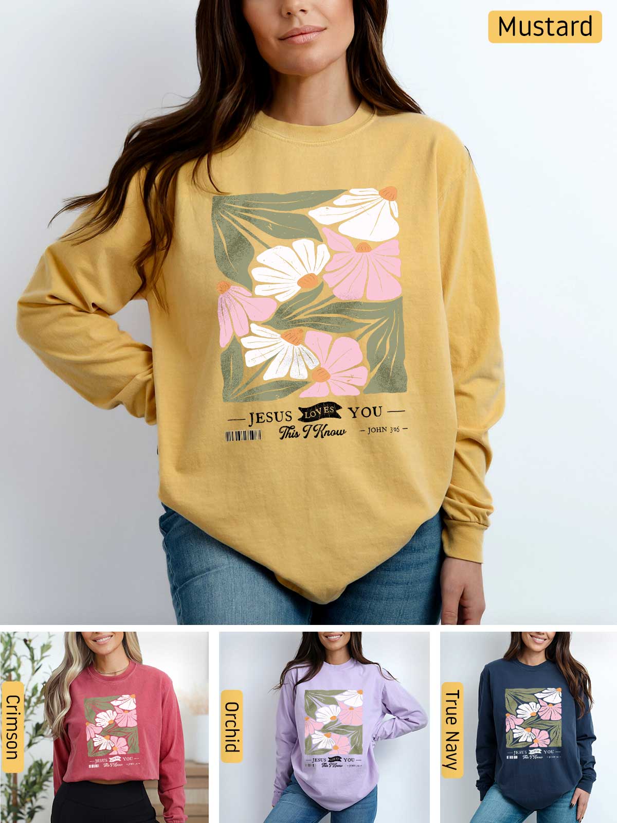 a woman wearing a mustard colored sweatshirt with flowers on it