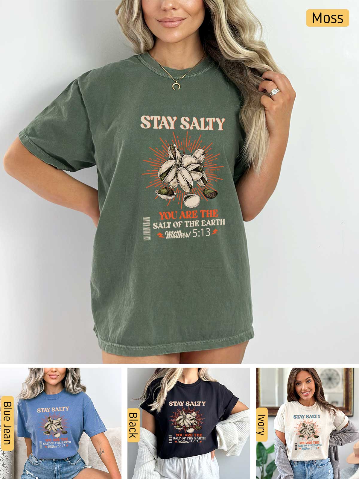 a woman wearing a shirt that says stay salty