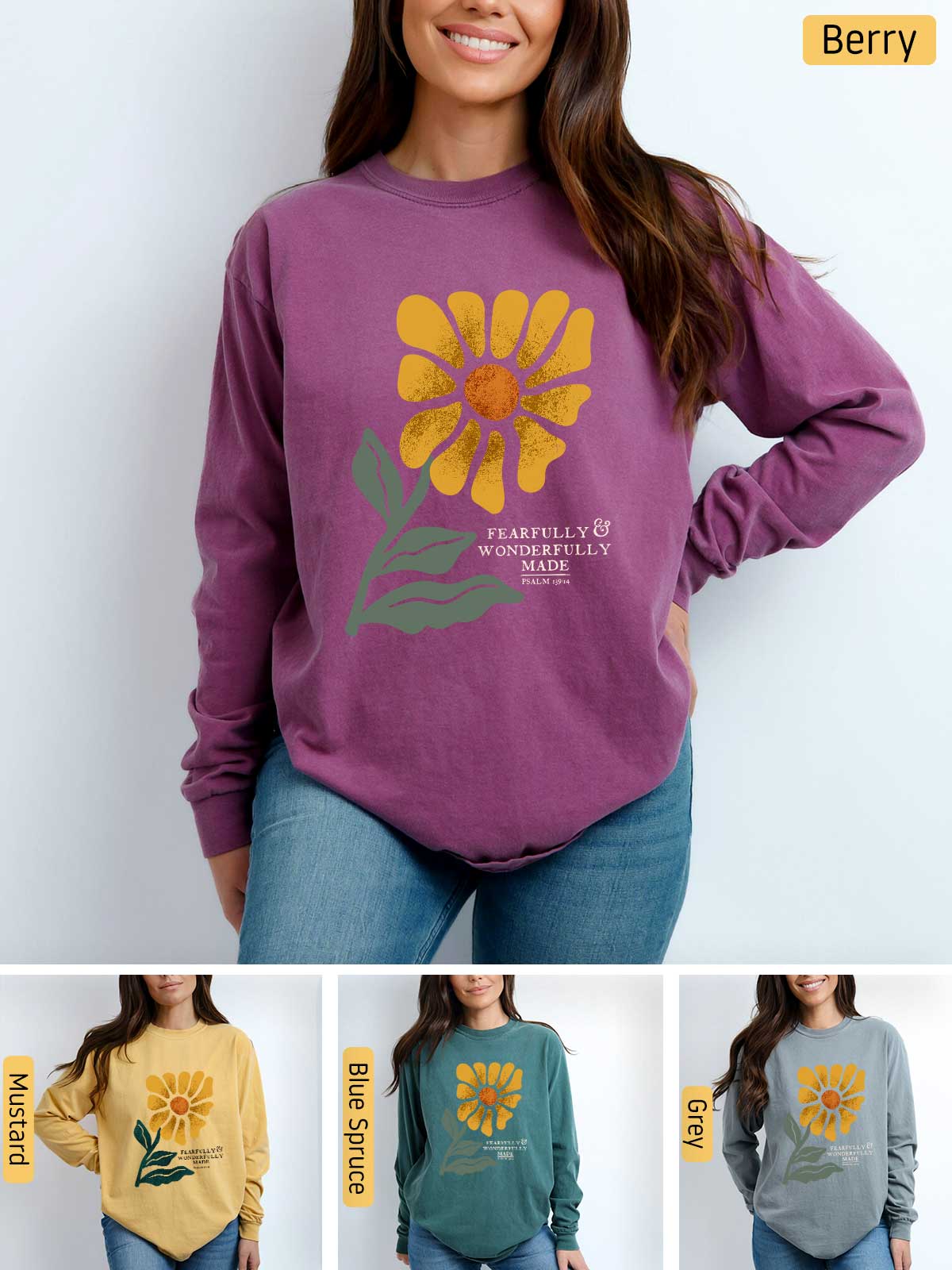 a woman wearing a sweatshirt with a flower on it