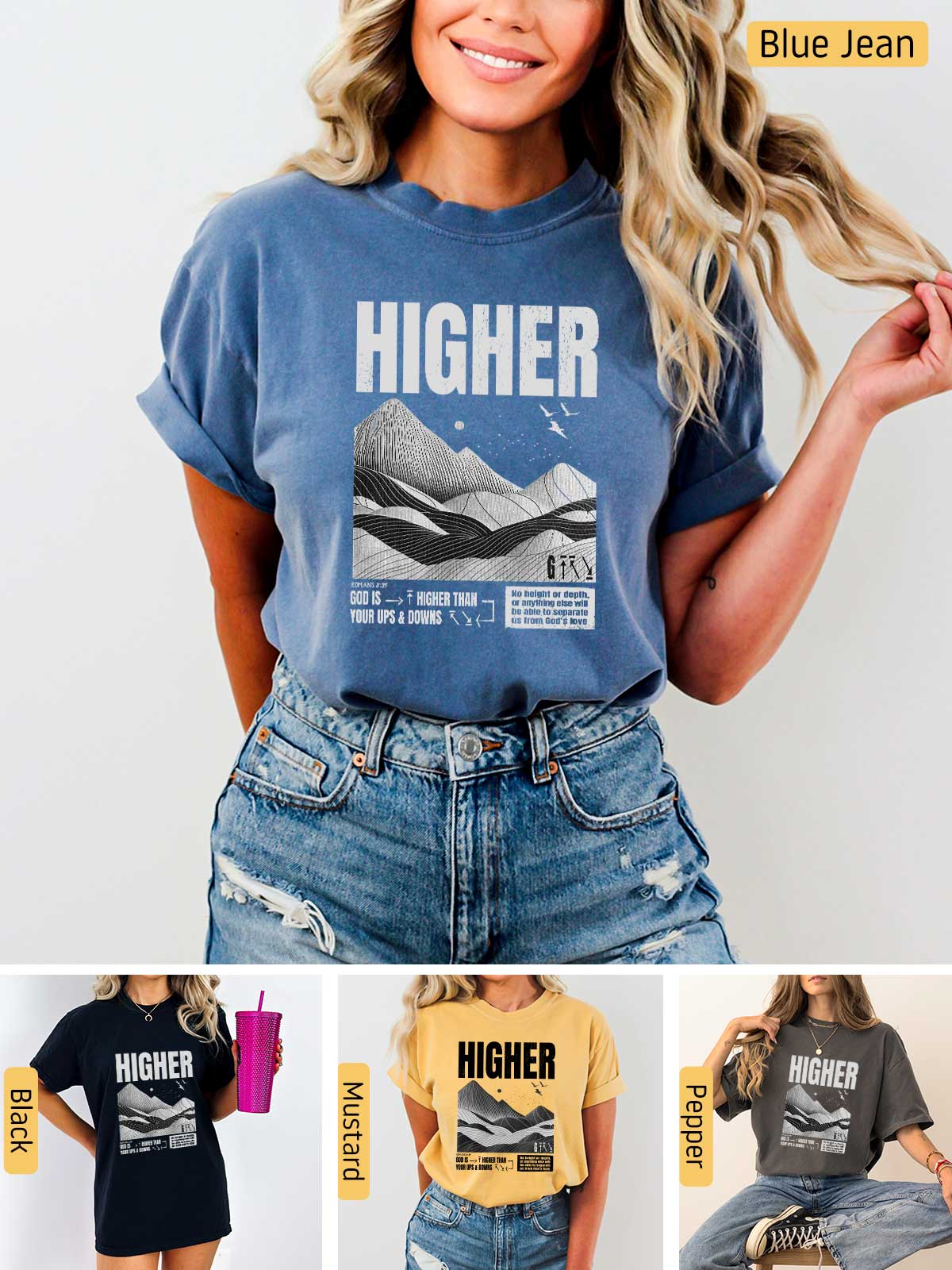 a woman wearing a t - shirt that says higher than the sky