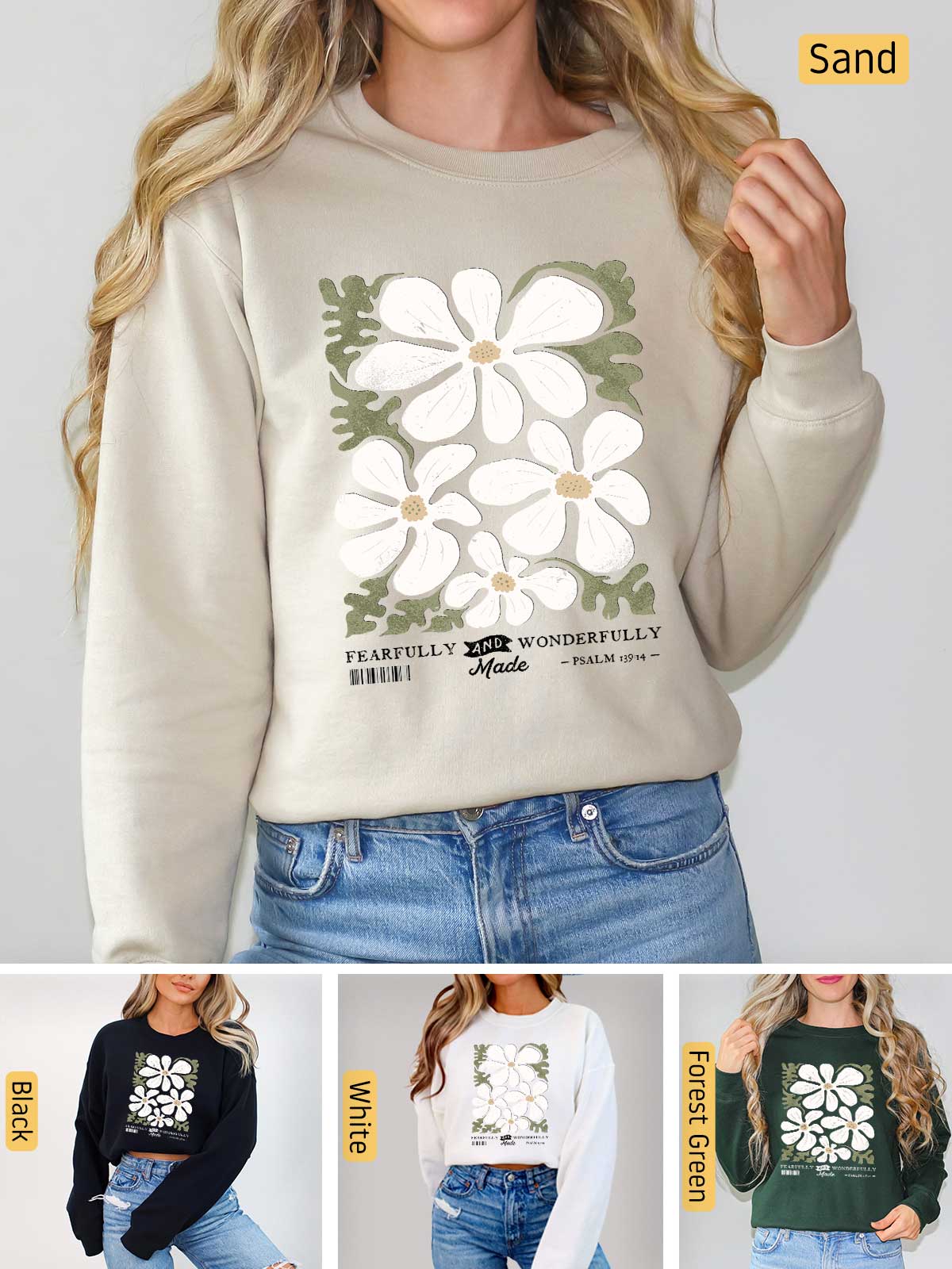 a woman wearing a sweatshirt with flowers on it