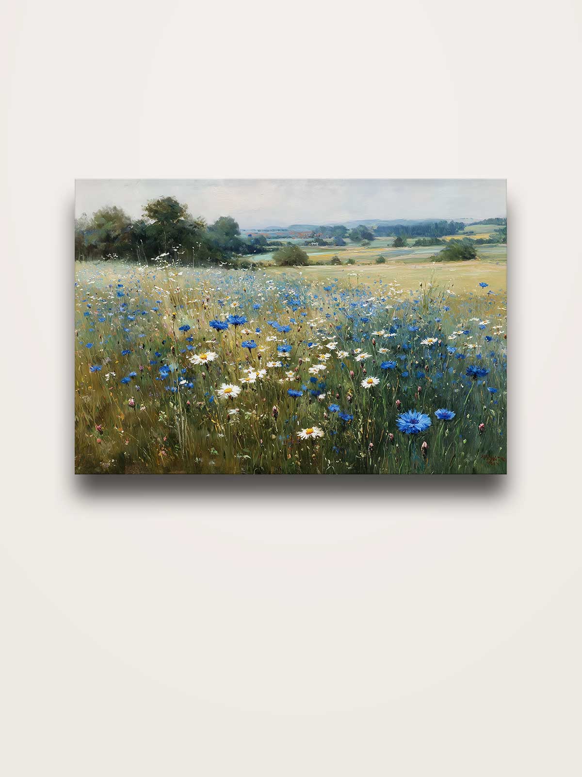 A field of wildflowers, including blue and white flowers, stretches out in the distance, with a line of trees visible in the background.