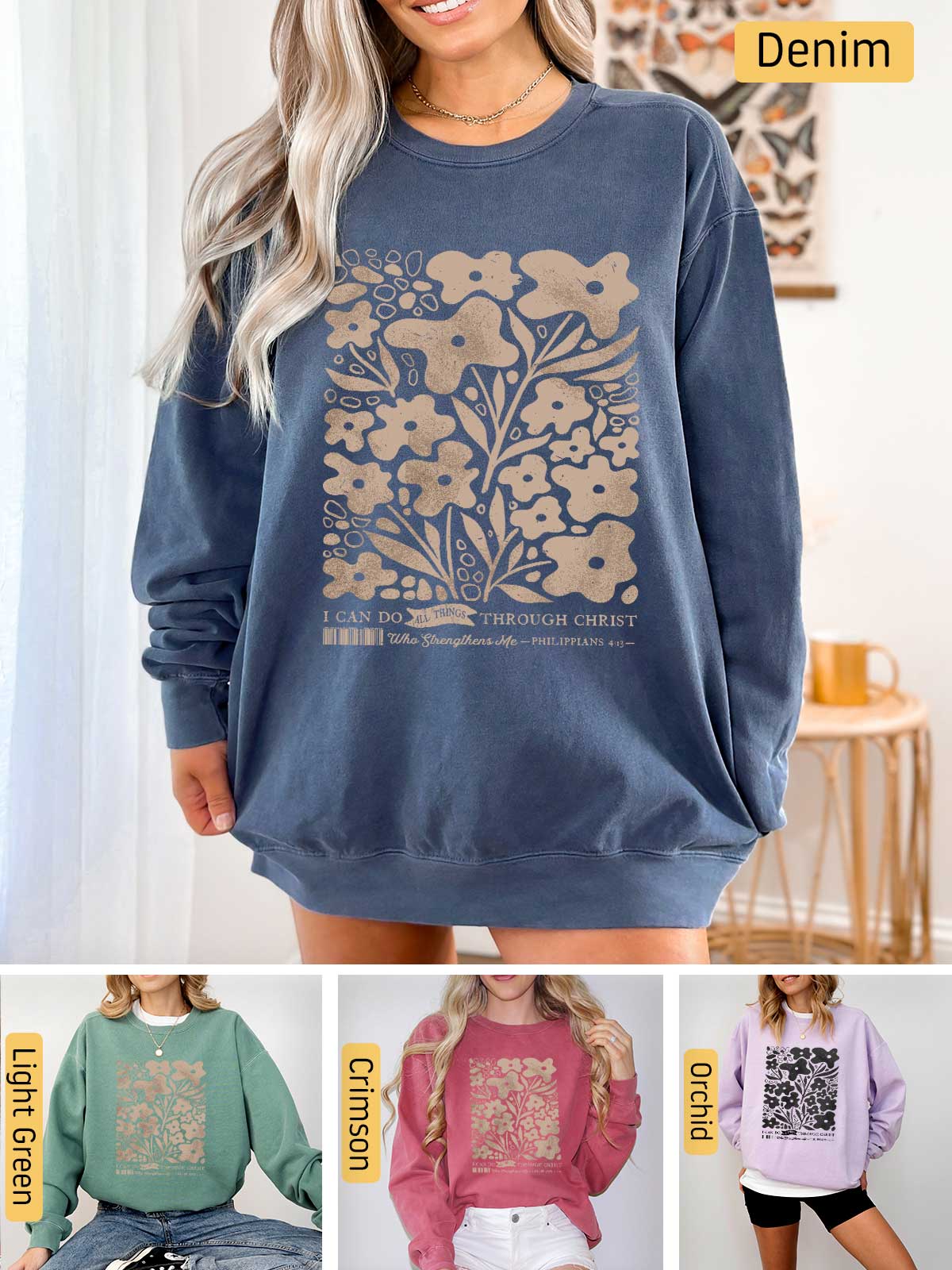 a woman wearing a sweatshirt with flowers on it