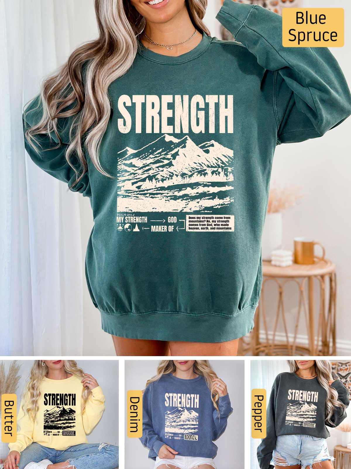 a woman wearing a sweatshirt with the words strength on it